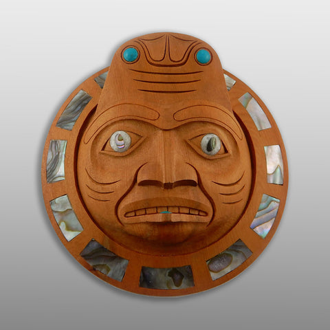 Indigenous Dogfish Woman pendant in yew wood hand-carved by Haida artist Ron Ross