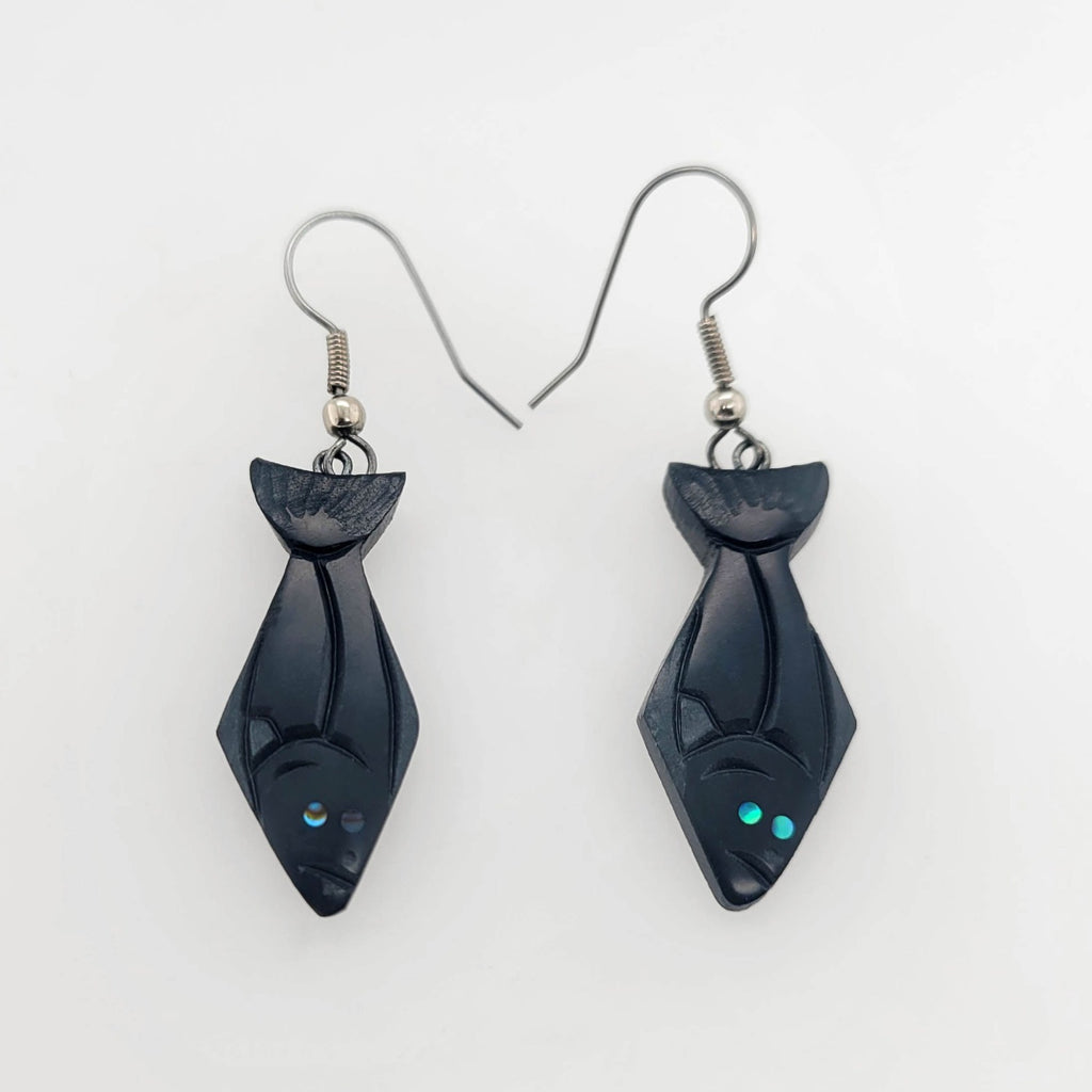 Argillite and Abalone Halibut Earrings by Haida carver Amy Edgars