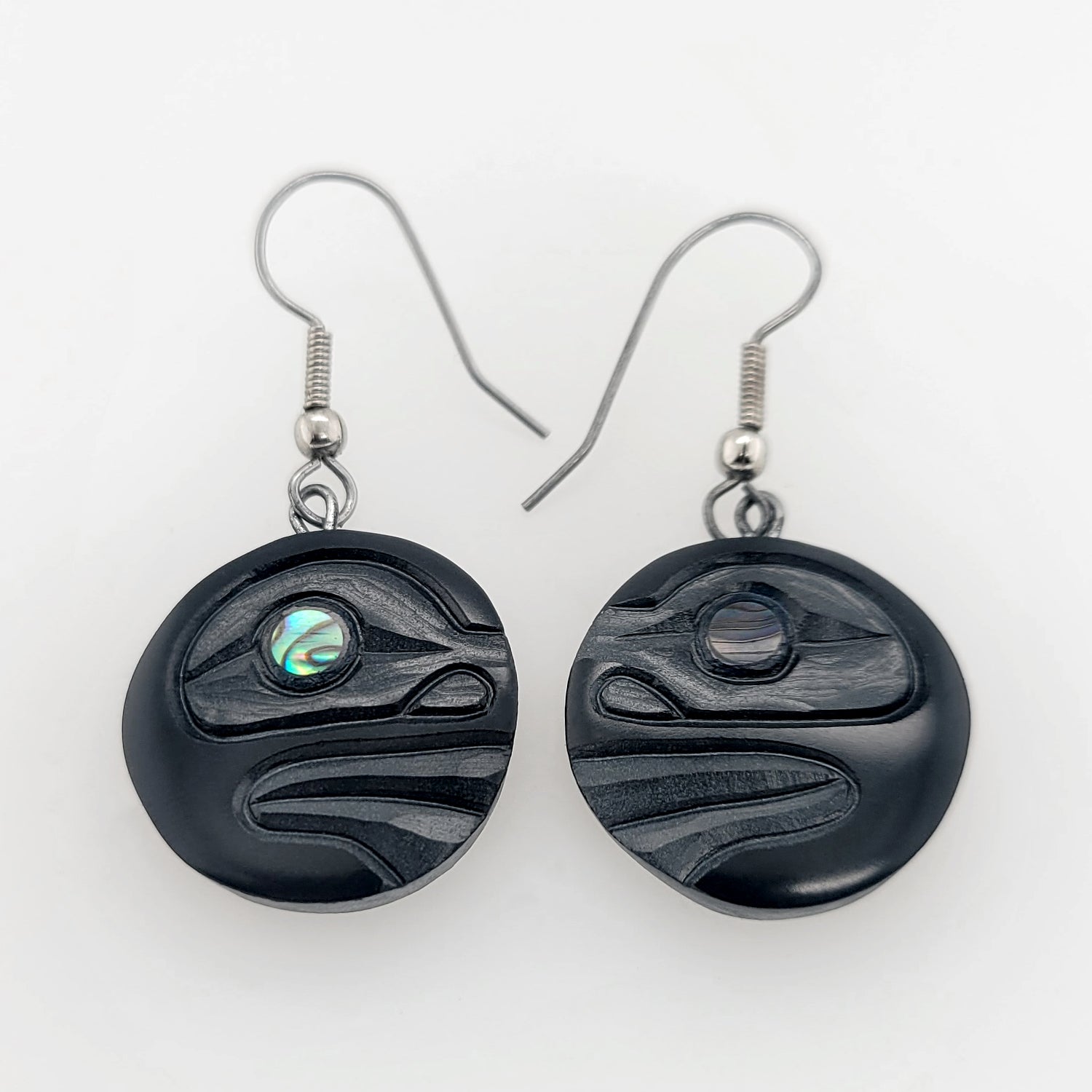 Argillite and Abalone Moon Earrings by Haida carver Amy Edgars