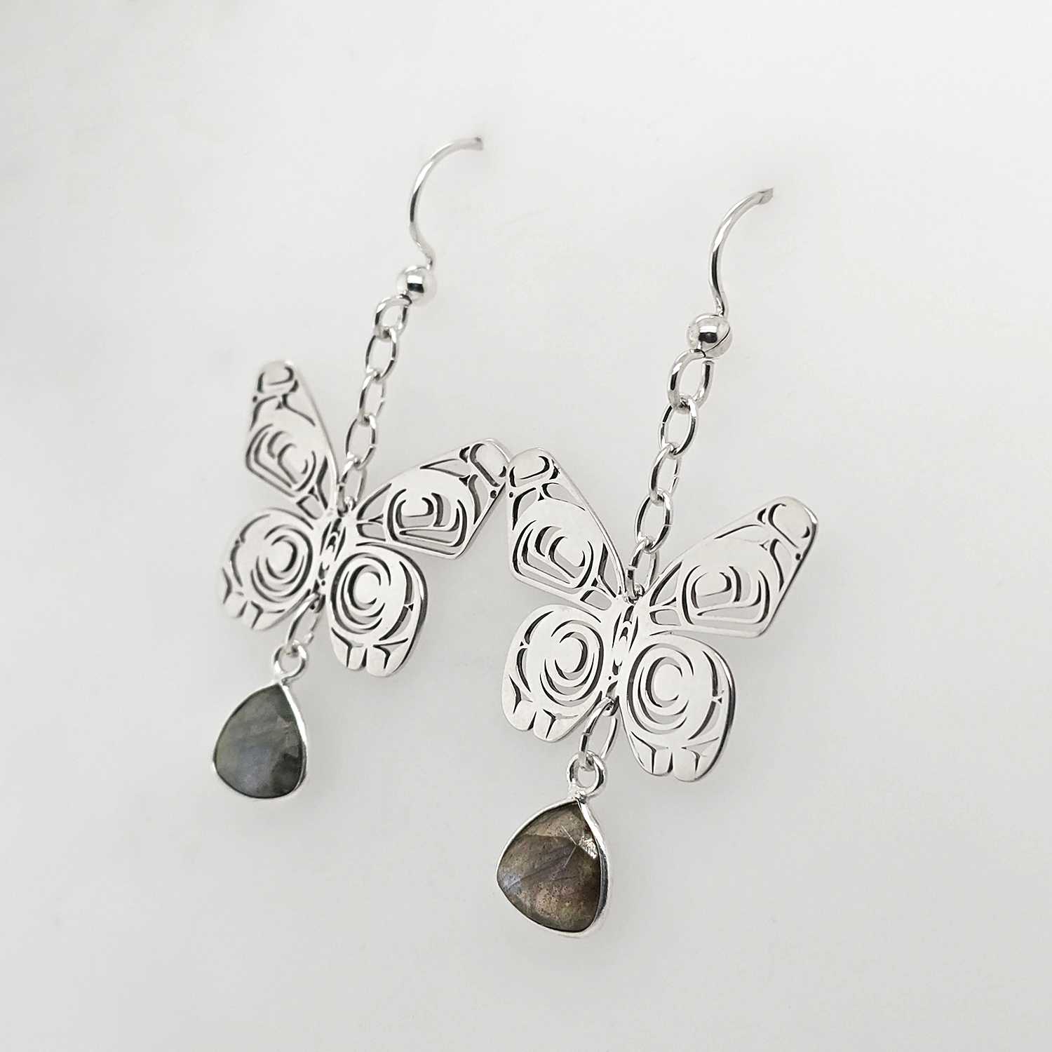 Silver Butterfly Earrings with Labradorite by Morgan Asoyuf