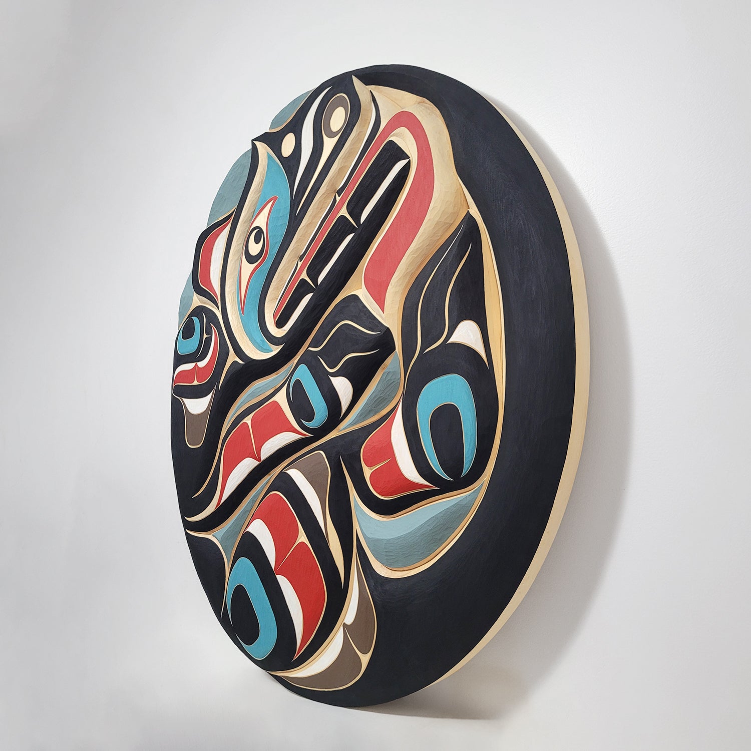 Large carved Wolf Yellow Cedar Wood Panel by Trevor Hunt