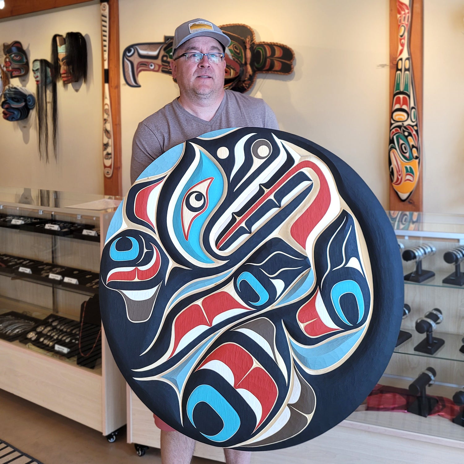 Large carved Wolf Yellow Cedar Wood Panel by Trevor Hunt