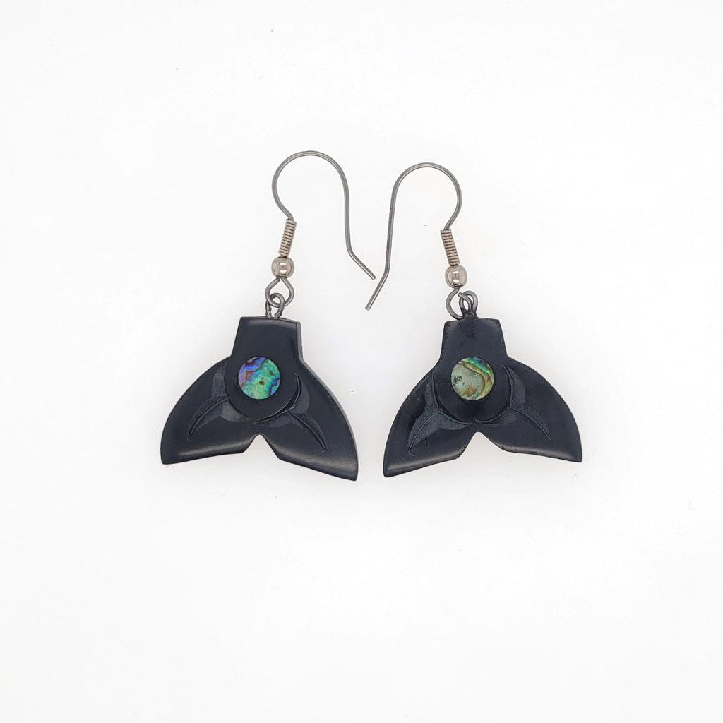 Argillite Whale Tail Earrings with Abalone by Haida artist Amy Edgars