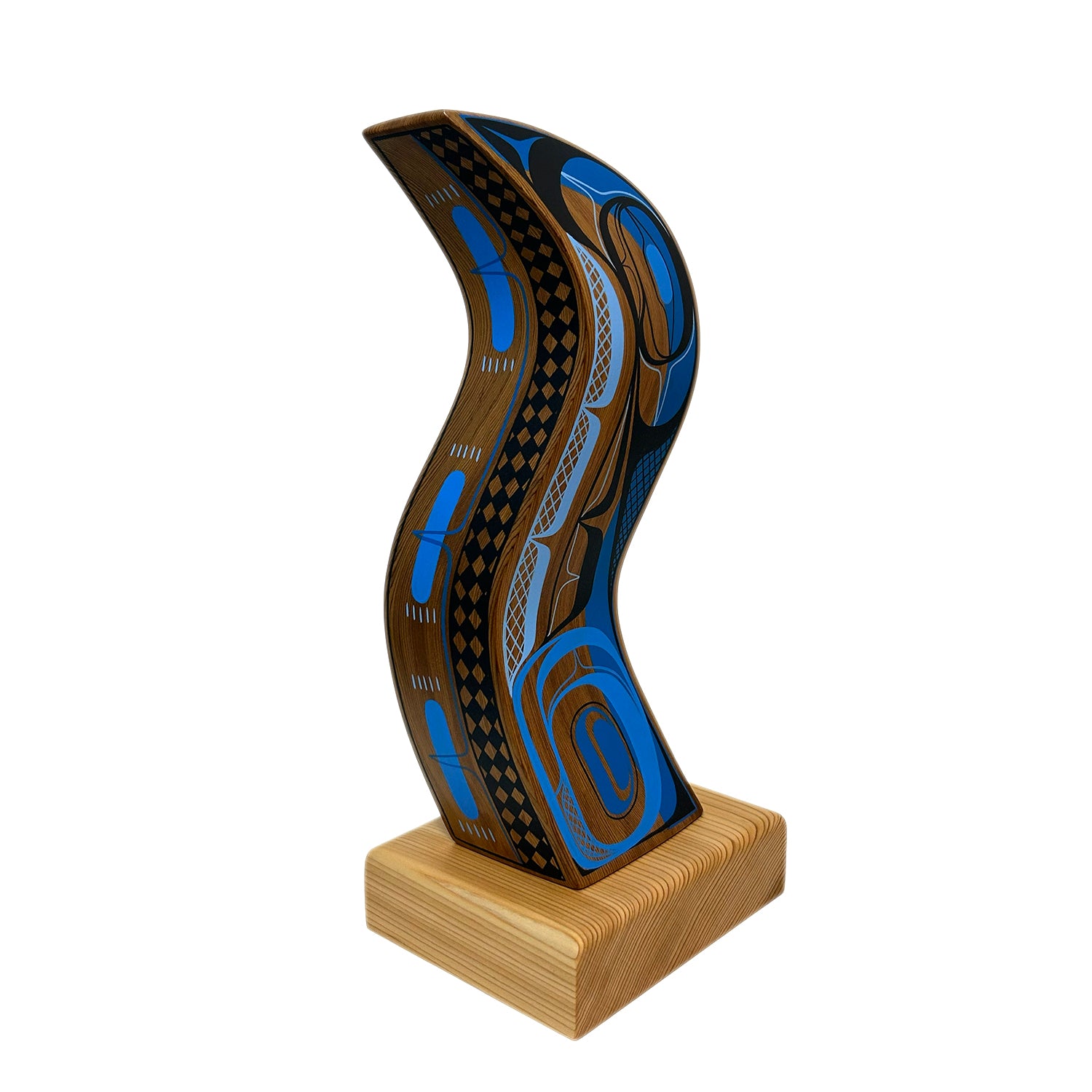 Decorative wooden item with blue and brown patterns on a white background