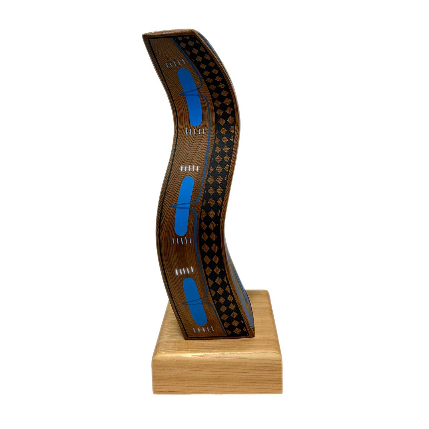 Wooden product with blue accents on a white background