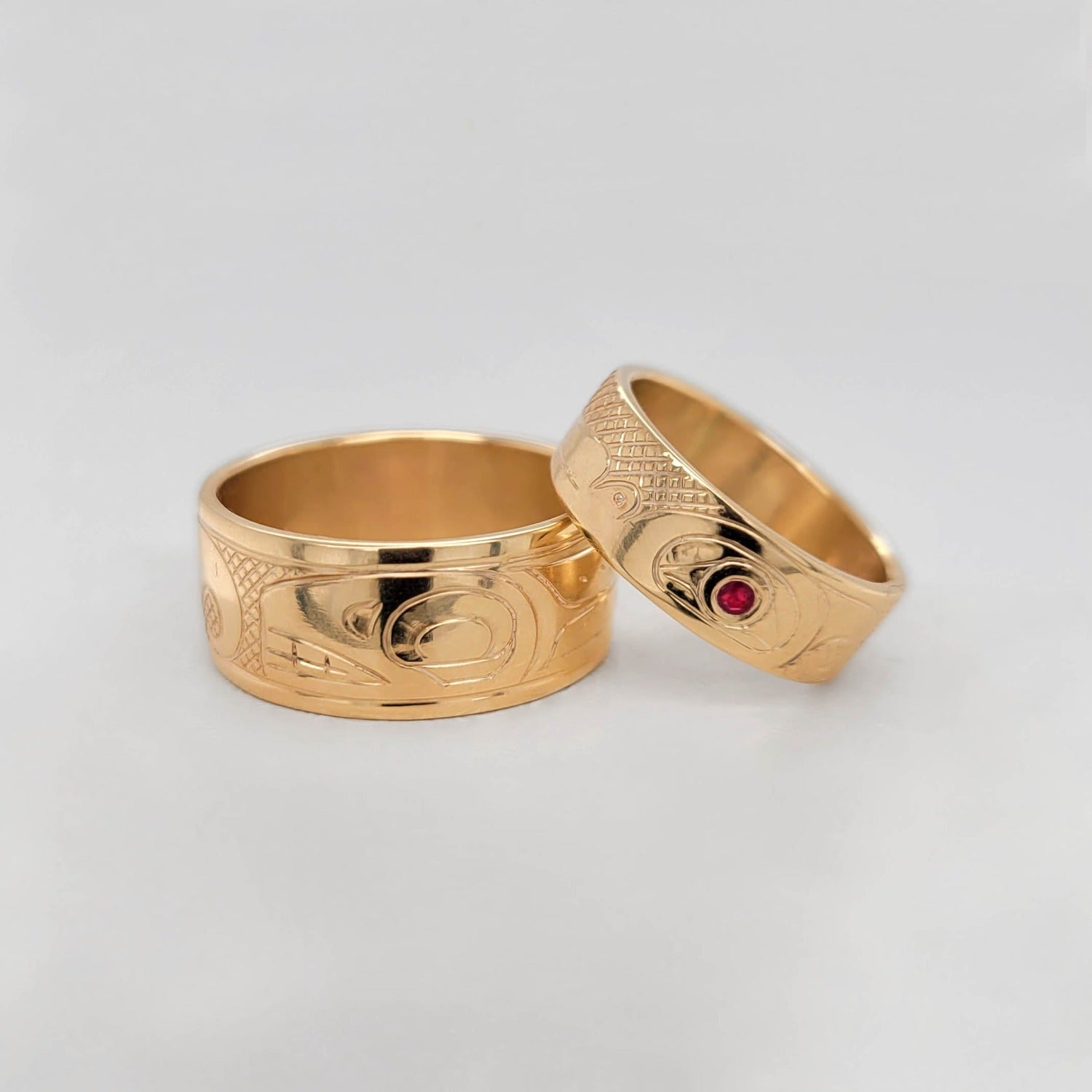 Gold native wedding bands set by Cree artist Justin Rivard
