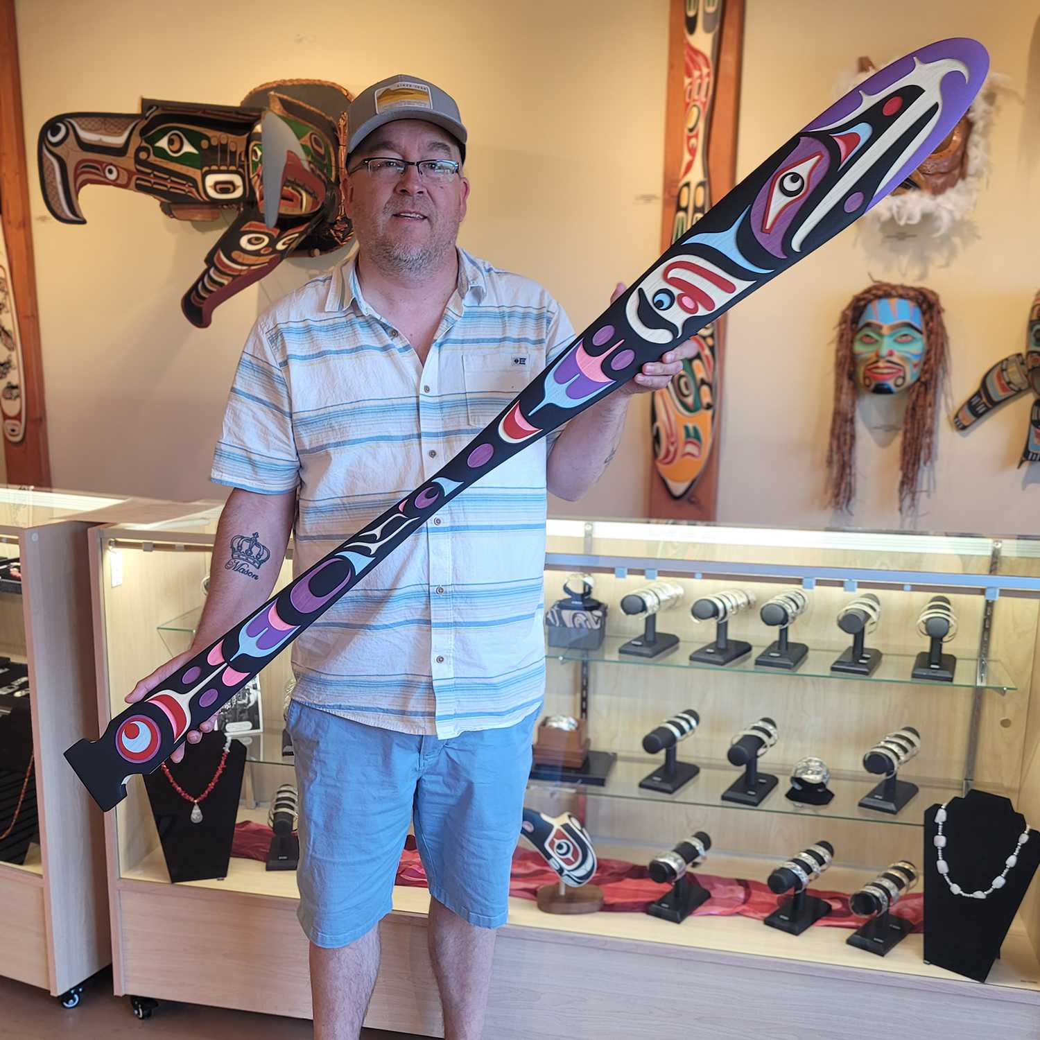 Sandblasted Hummingbird Paddle by Kwakiutl artist Trevor Hunt