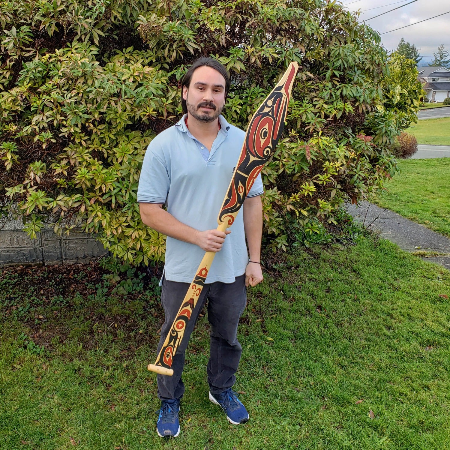 Double-sided cedar paddle hand-carved by Nuu-chah-nulth artist Joshua Shaw-Prescott