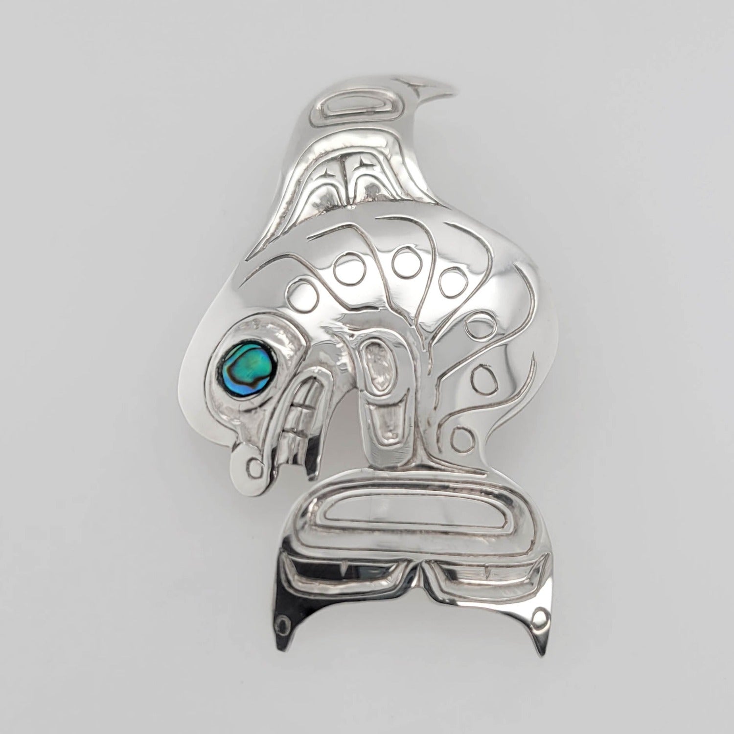 Silver Orca Pendant with Abalone by Haida artist Carmen Goertzen