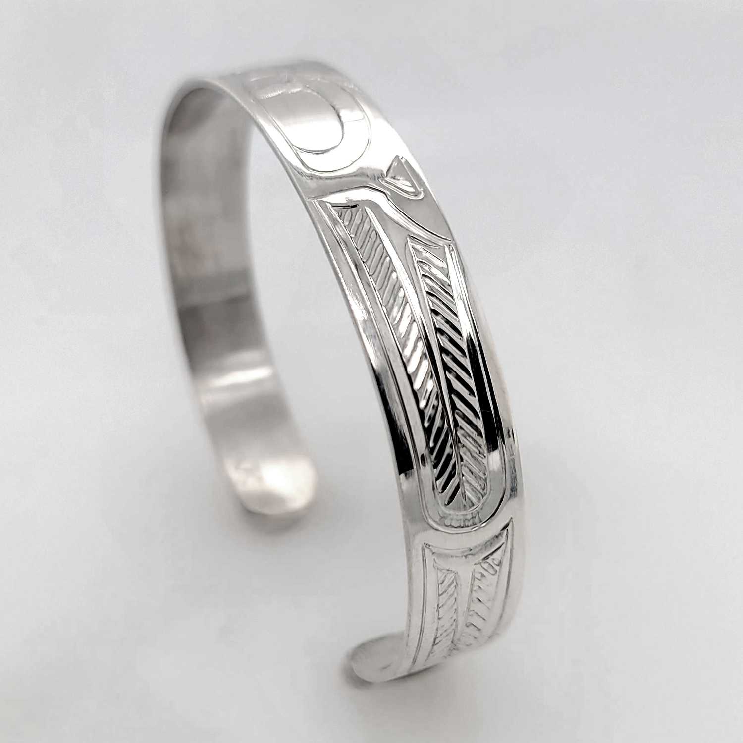 Silver Raven Bracelet hand-carved by Cree artist Justin Rivard