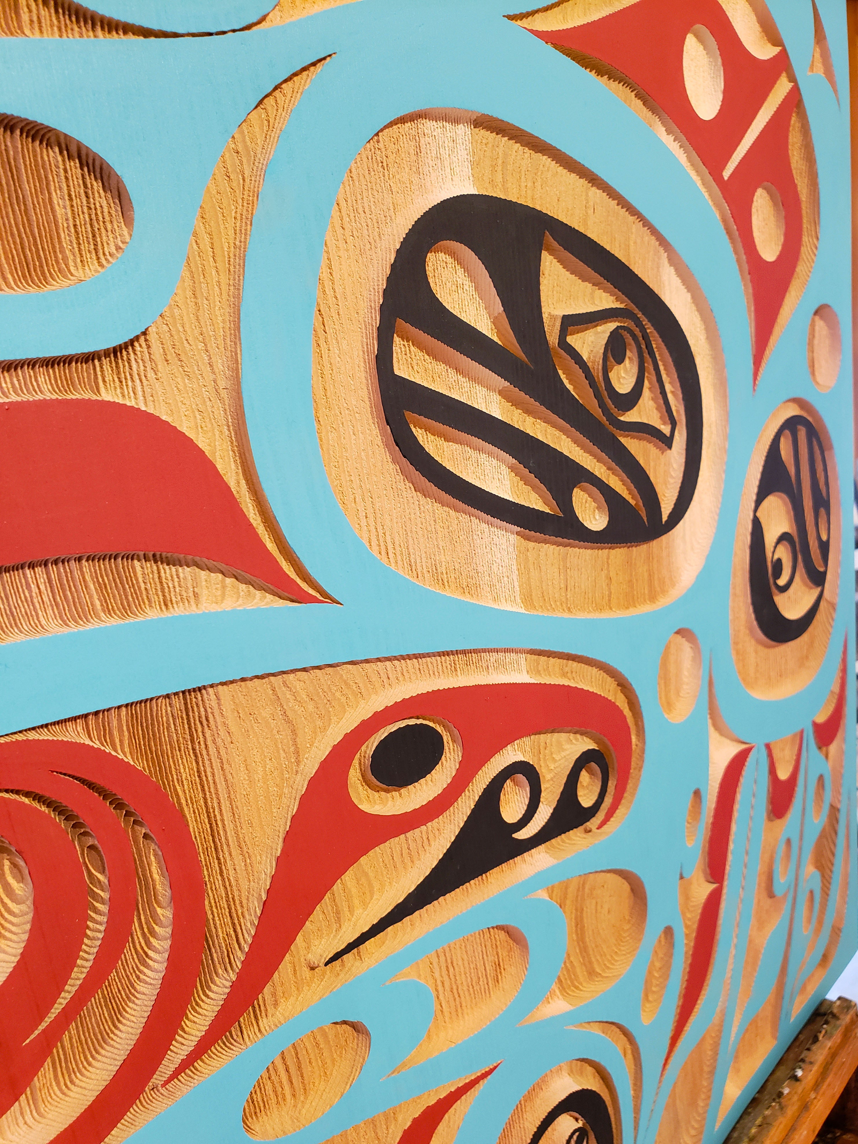 Cedar Raven Nest Sandblasted Panel by Kwakiutl carver Trevor Hunt