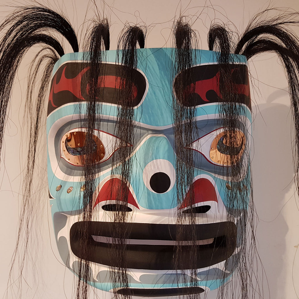 Cedar and Abalone Harvet Portrait Mask by Kwakiutl carver Trevor Hunt
