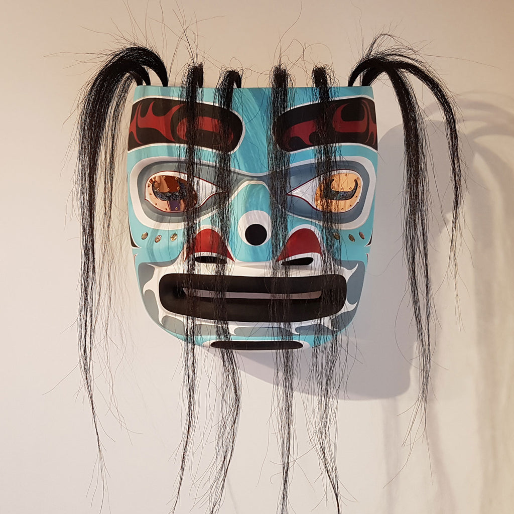 Cedar and Abalone Harvet Portrait Mask by Kwakiutl carver Trevor Hunt
