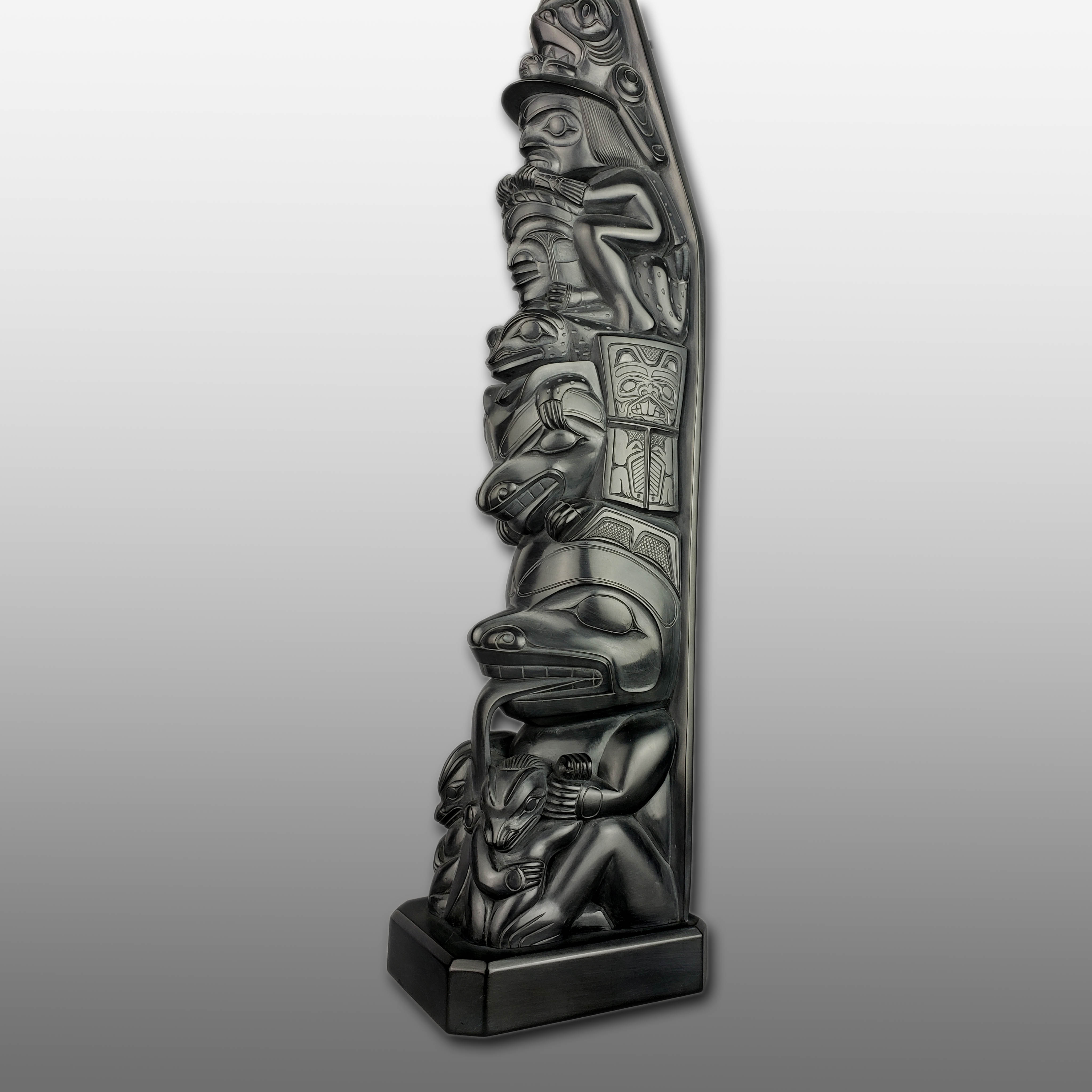 Large Argillite Bear Mother Totem Pole by Haida carver Henry White