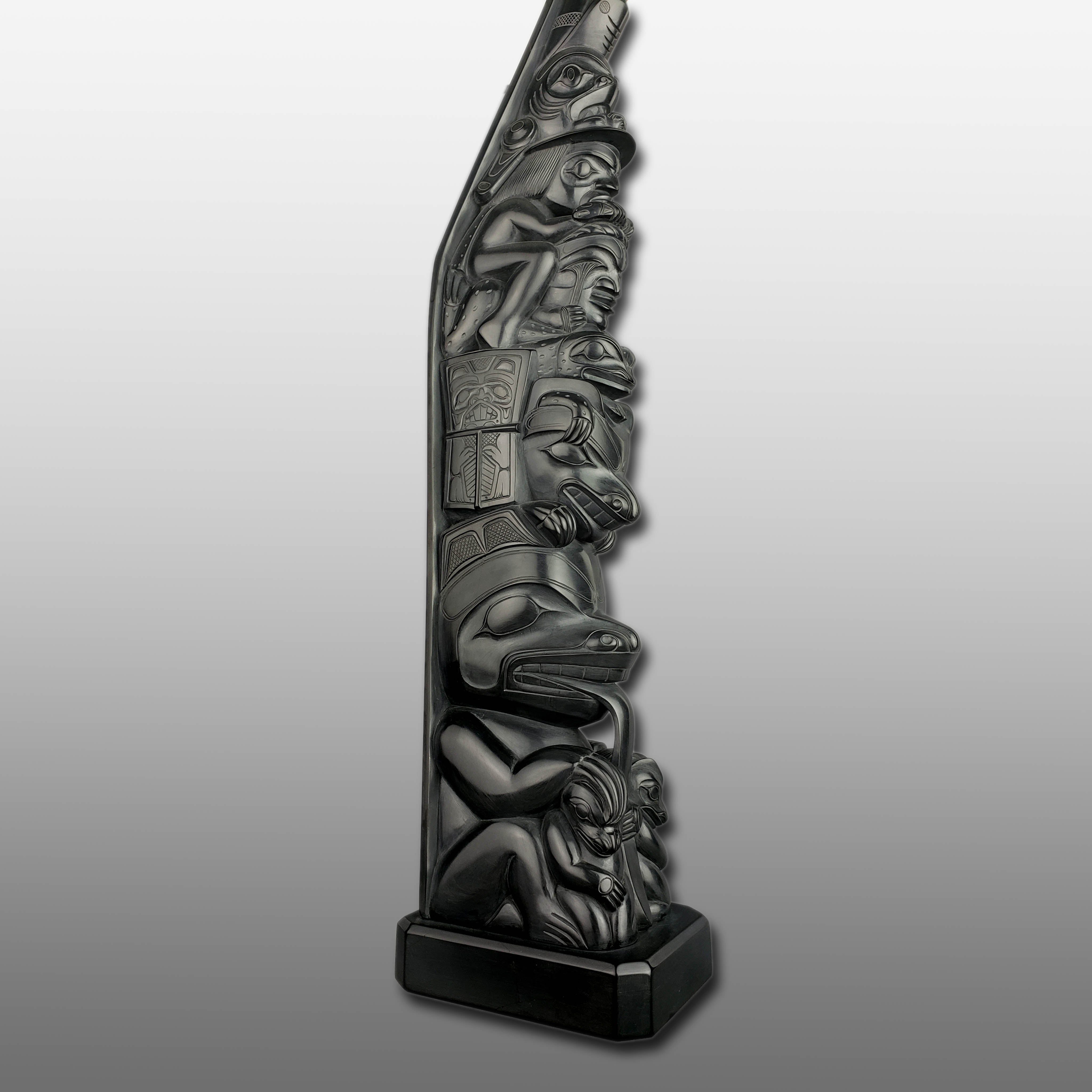 Large Argillite Bear Mother Totem Pole by Haida carver Henry White