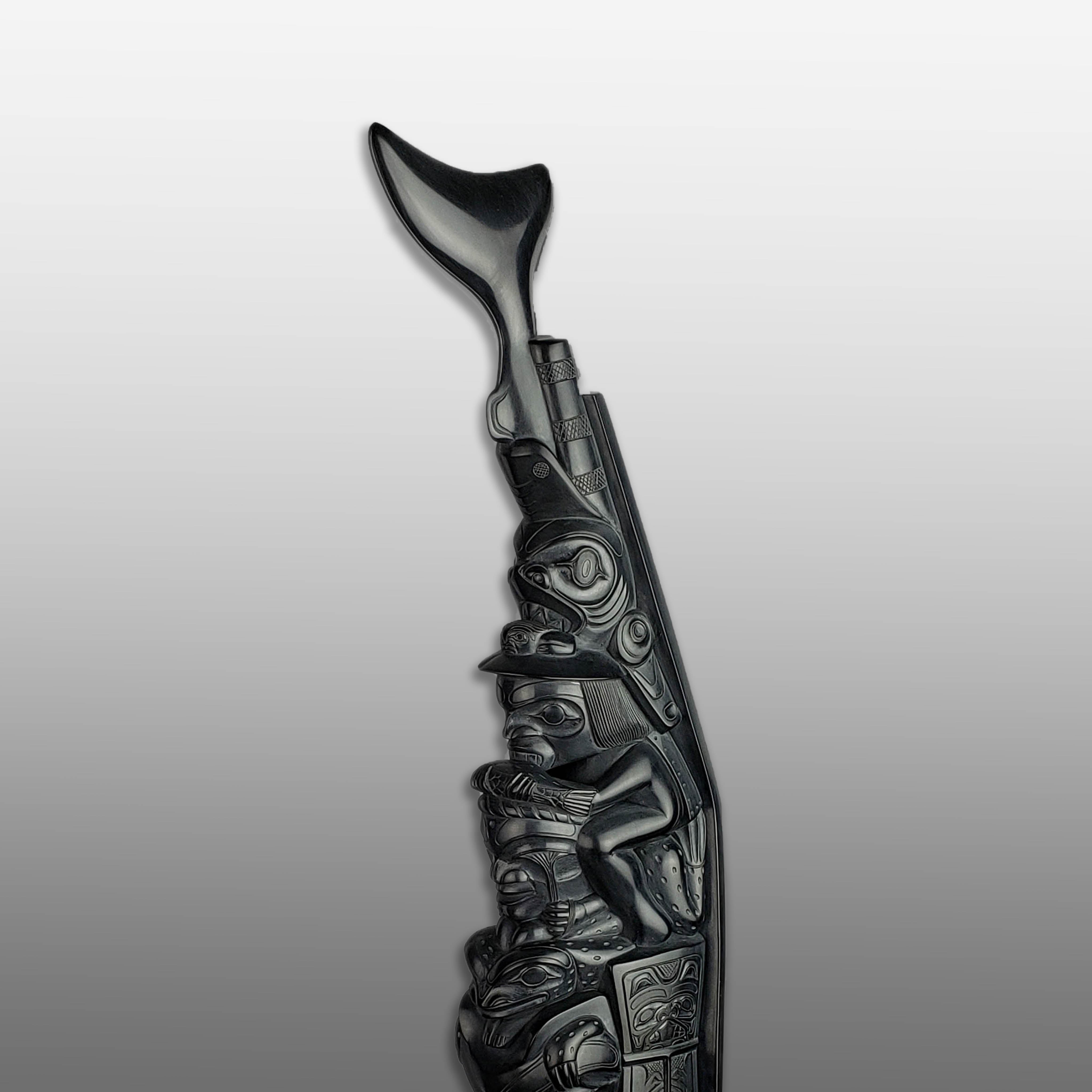 Large Argillite Bear Mother Totem Pole by Haida carver Henry White