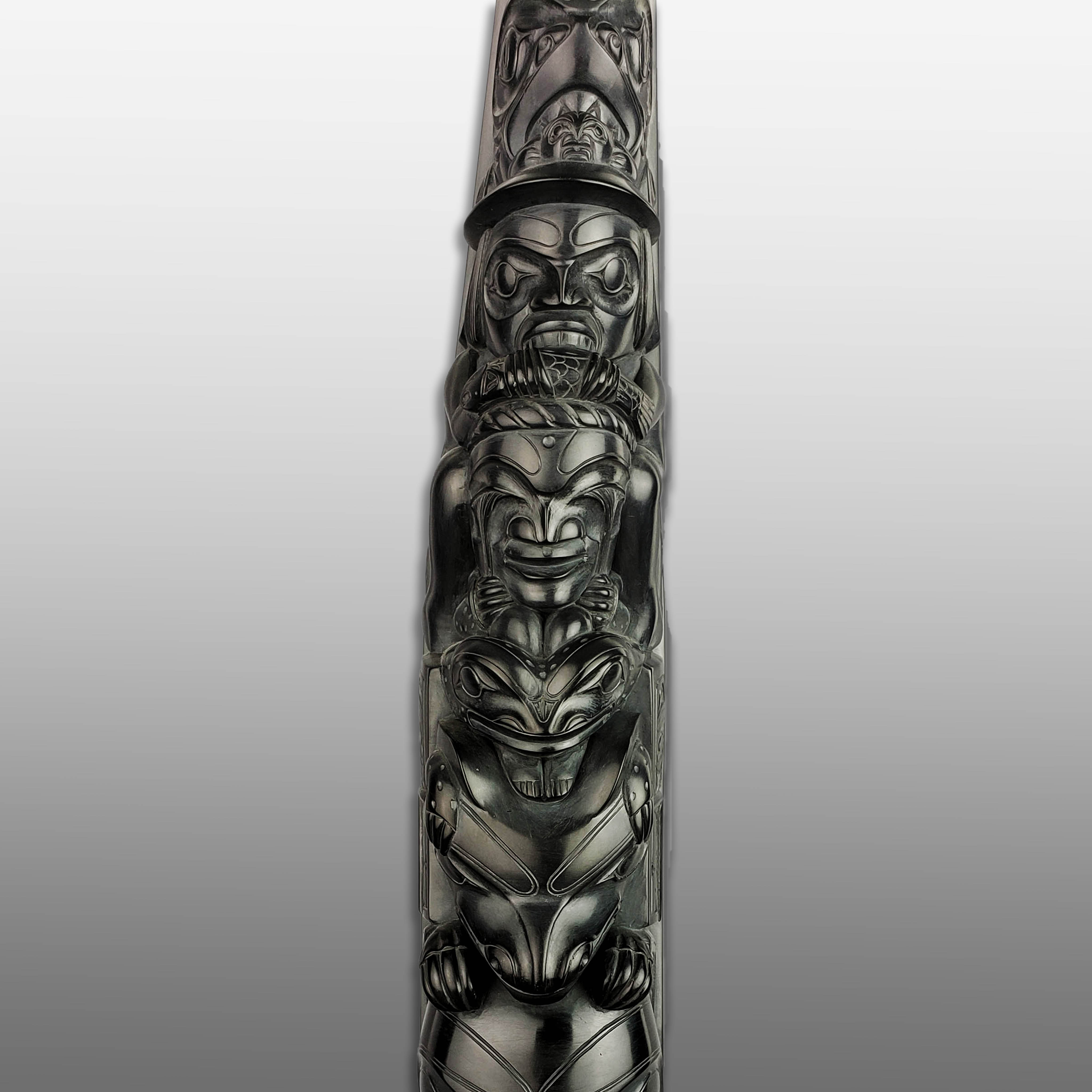 Large Argillite Bear Mother Totem Pole by Haida carver Henry White