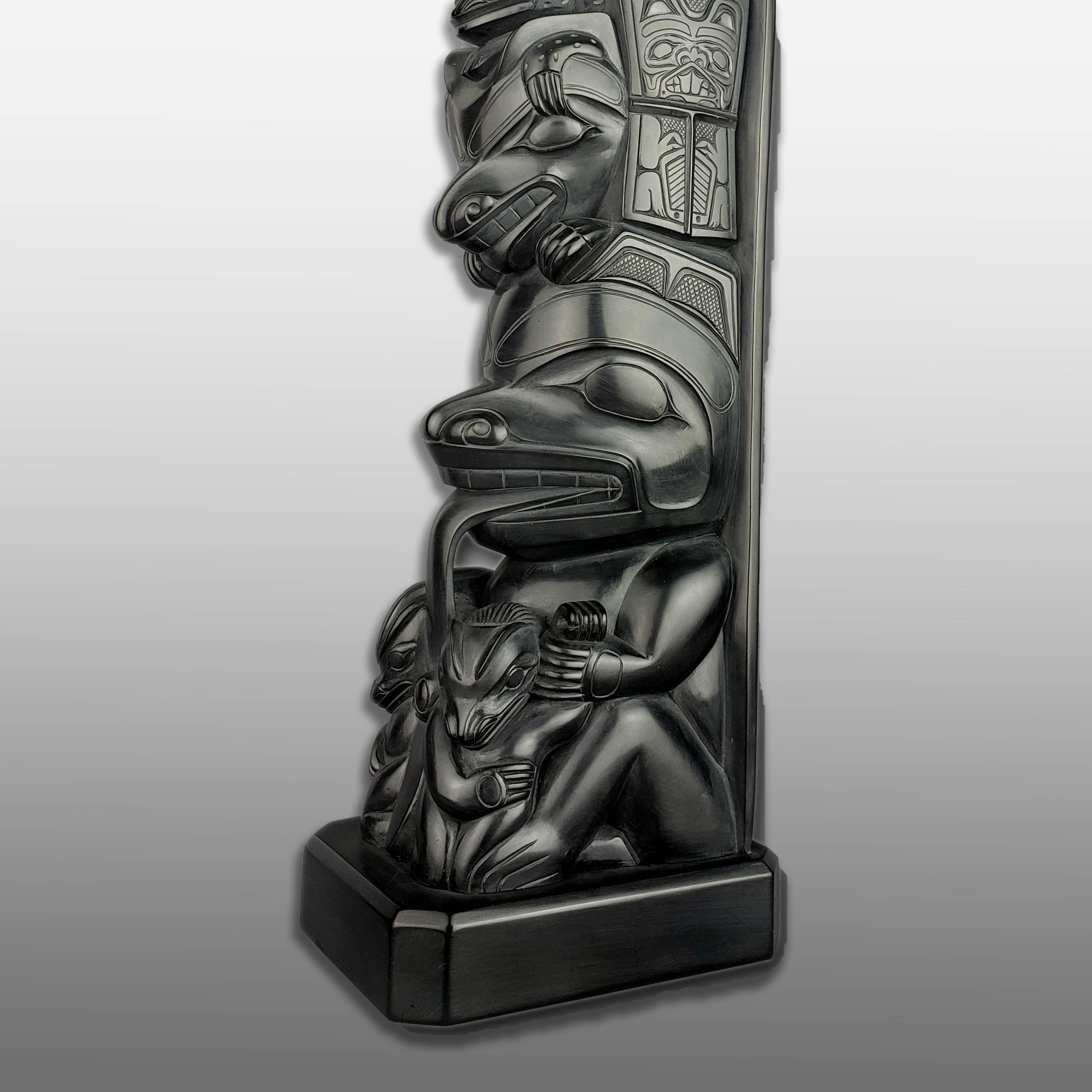 Large Argillite Bear Mother Totem Pole by Haida carver Henry White