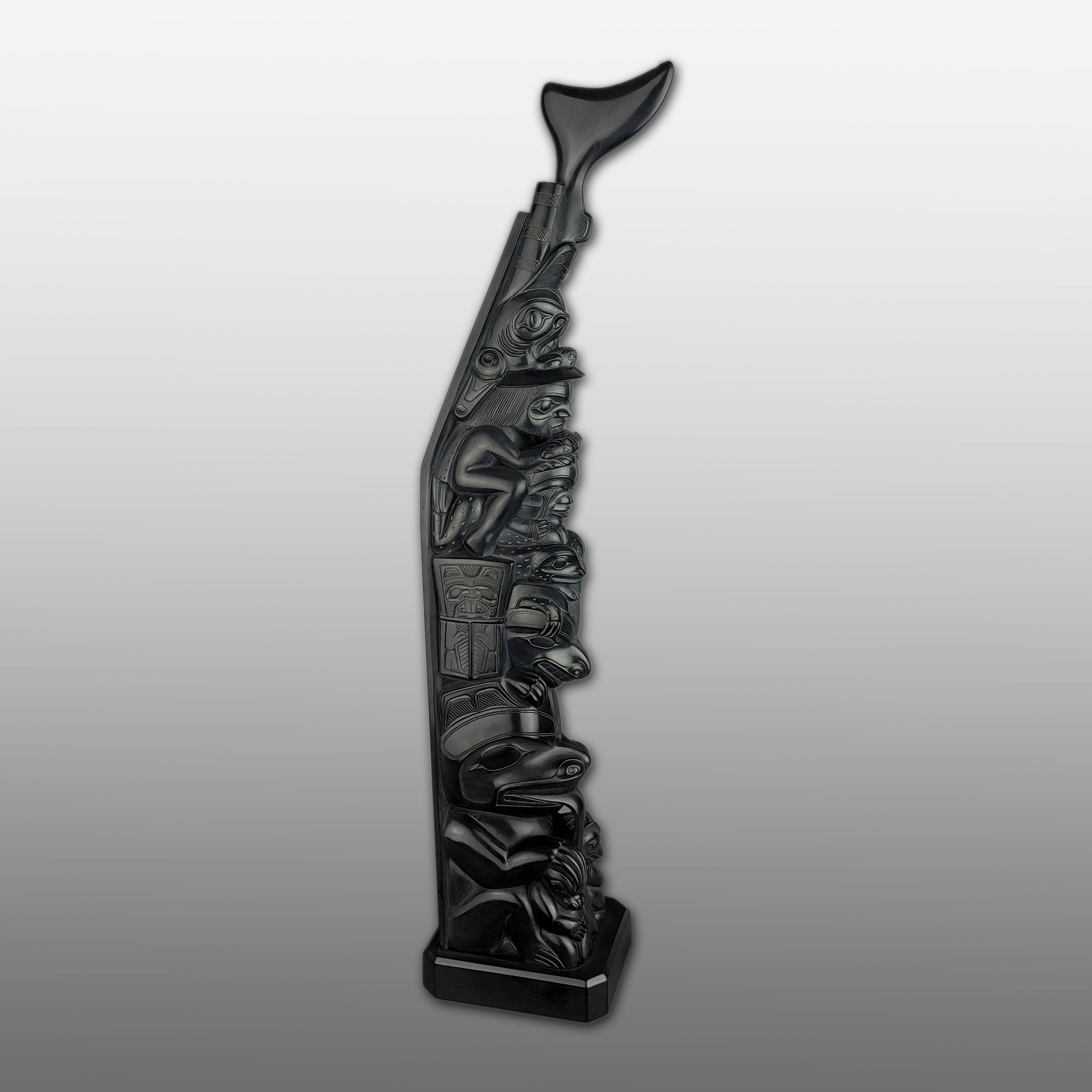 Large Argillite Bear Mother Totem Pole by Haida carver Henry White