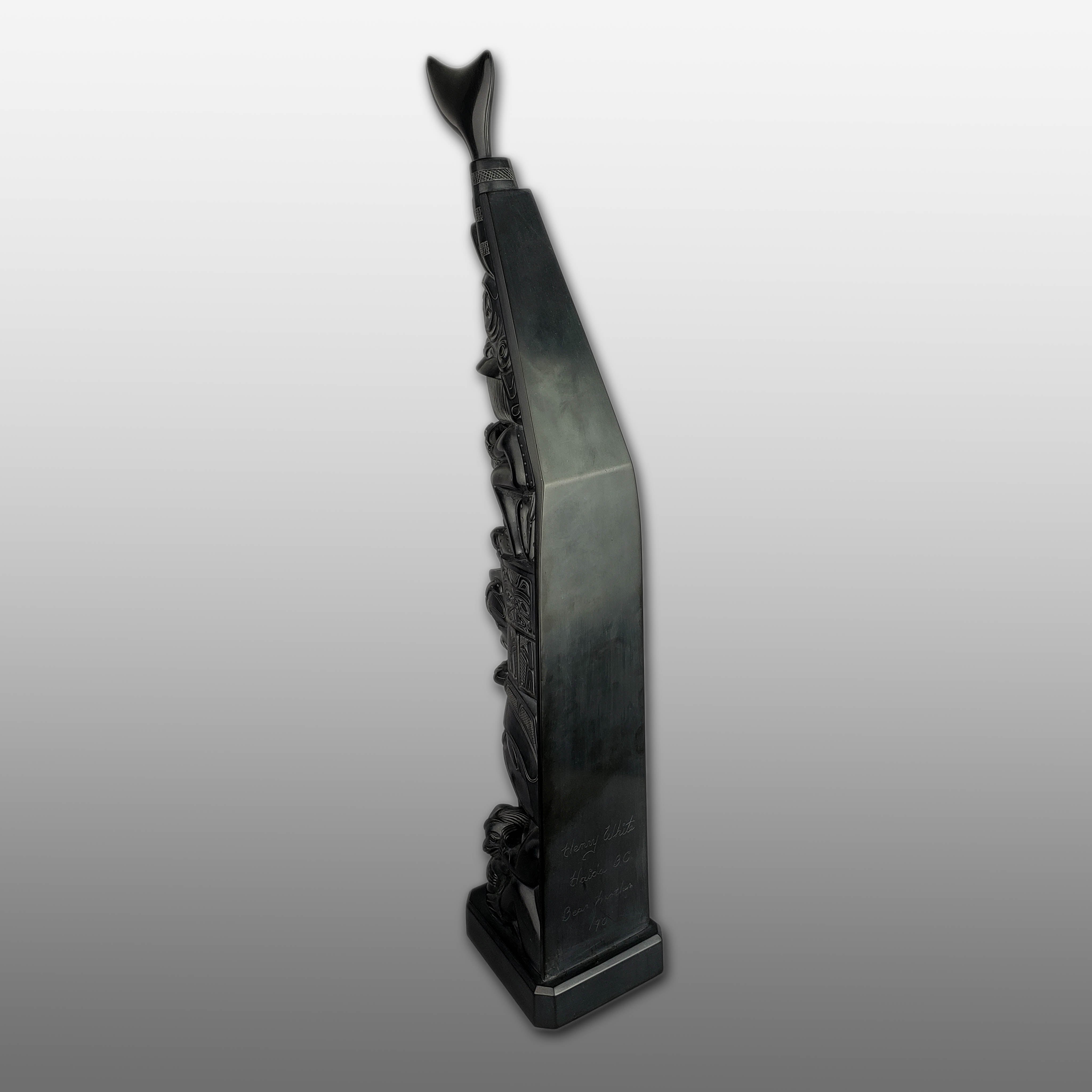 Large Argillite Bear Mother Totem Pole by Haida carver Henry White