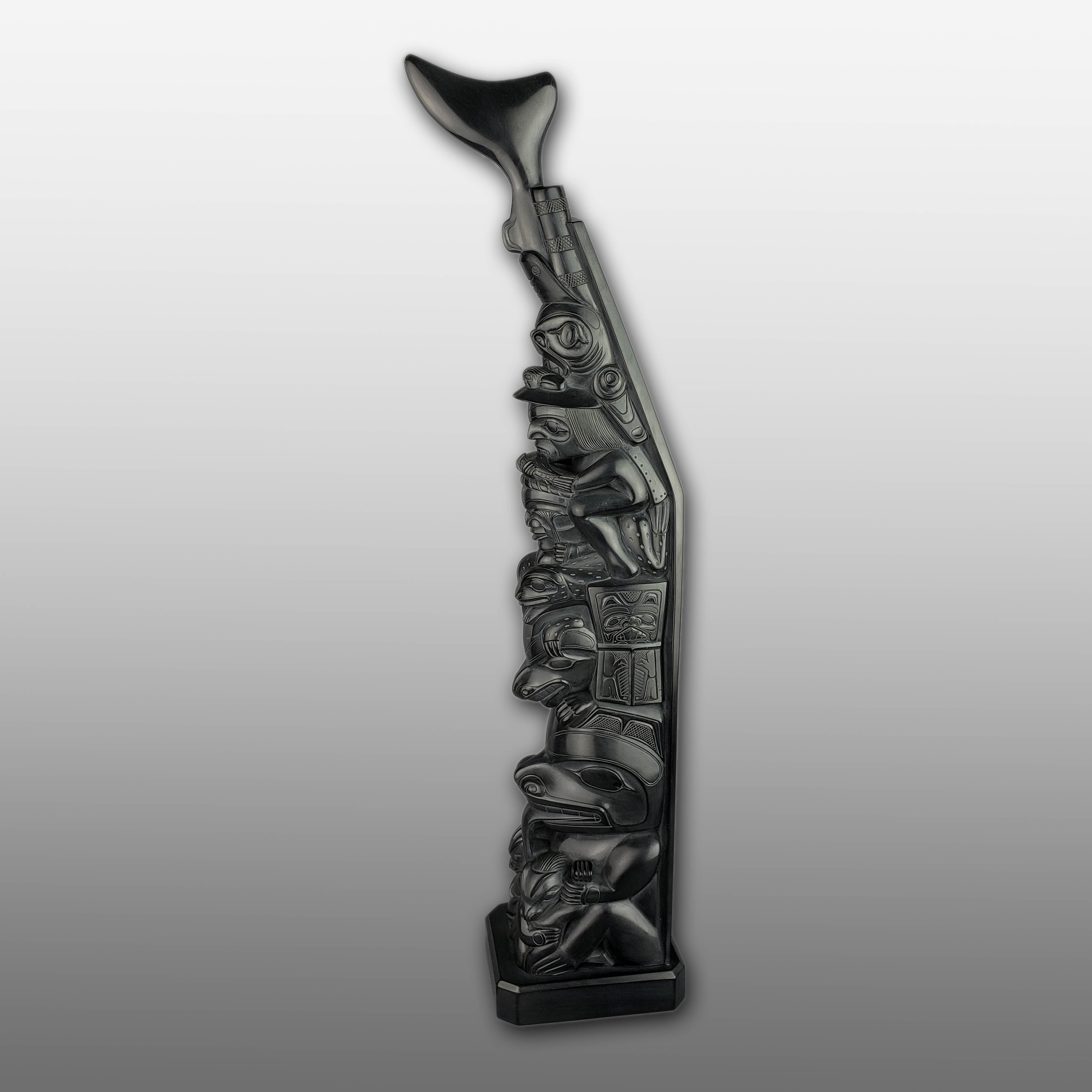 Large Argillite Bear Mother Totem Pole by Haida carver Henry White