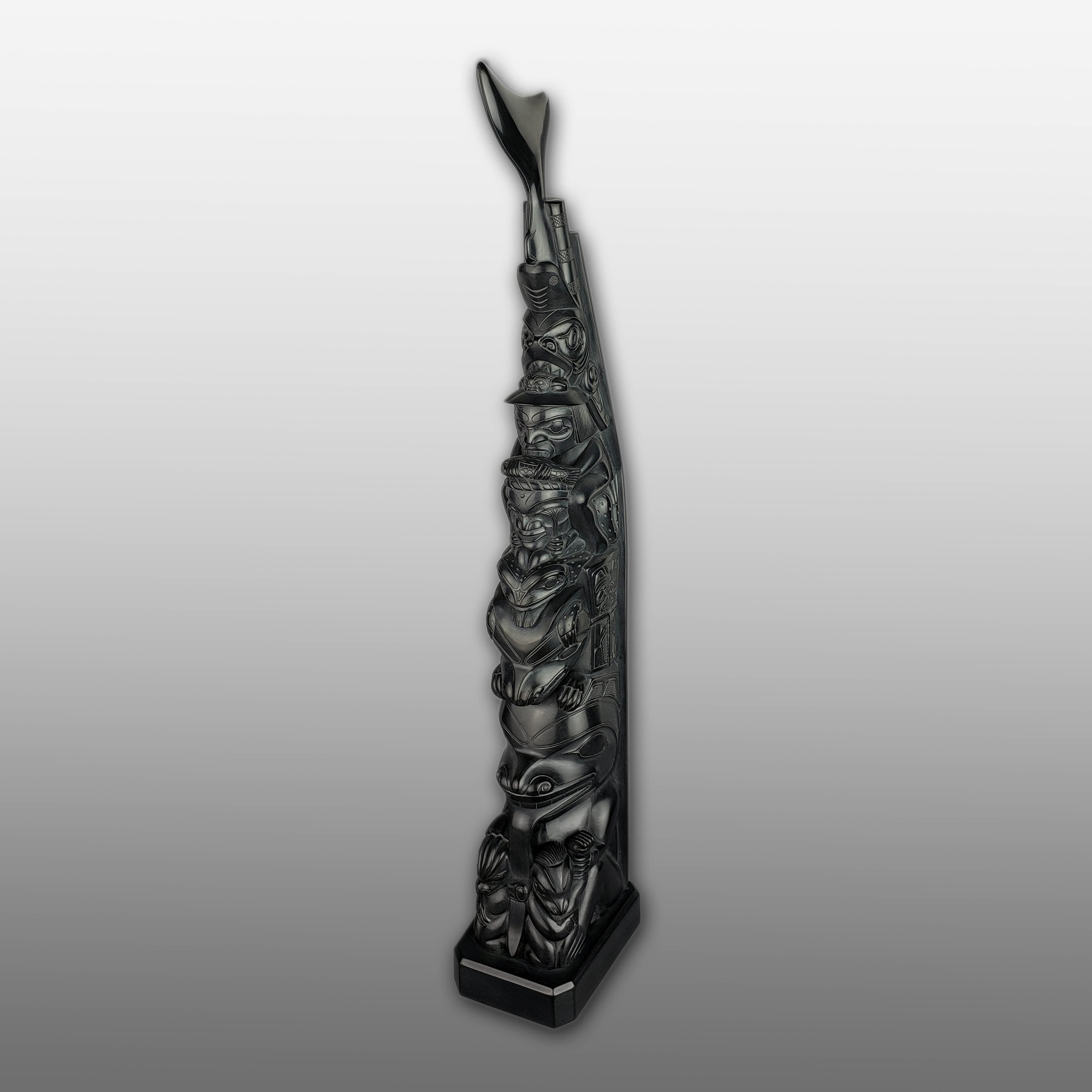 Large Argillite Bear Mother Totem Pole by Haida carver Henry White