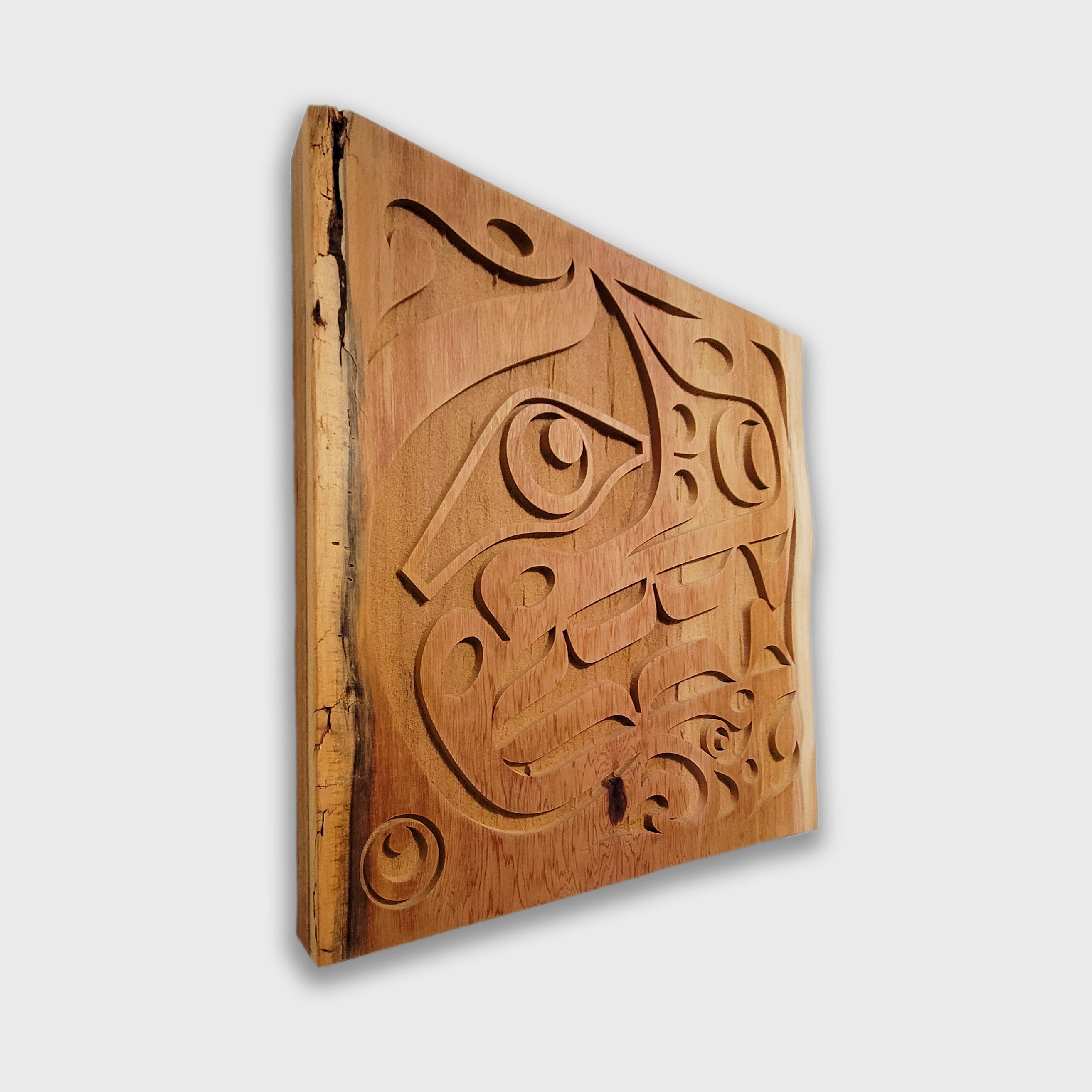 Live Edge Sandblasted Bear Panel by Kwakiutl artist Trevor Hunt
