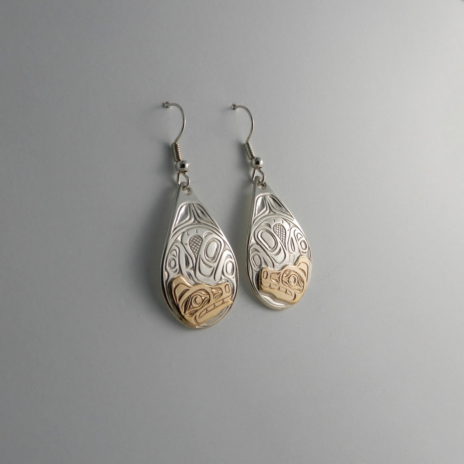 First Nations Silver and Gold Wolf Earrings by Kwakwaka'wakw artist Joe Wilson