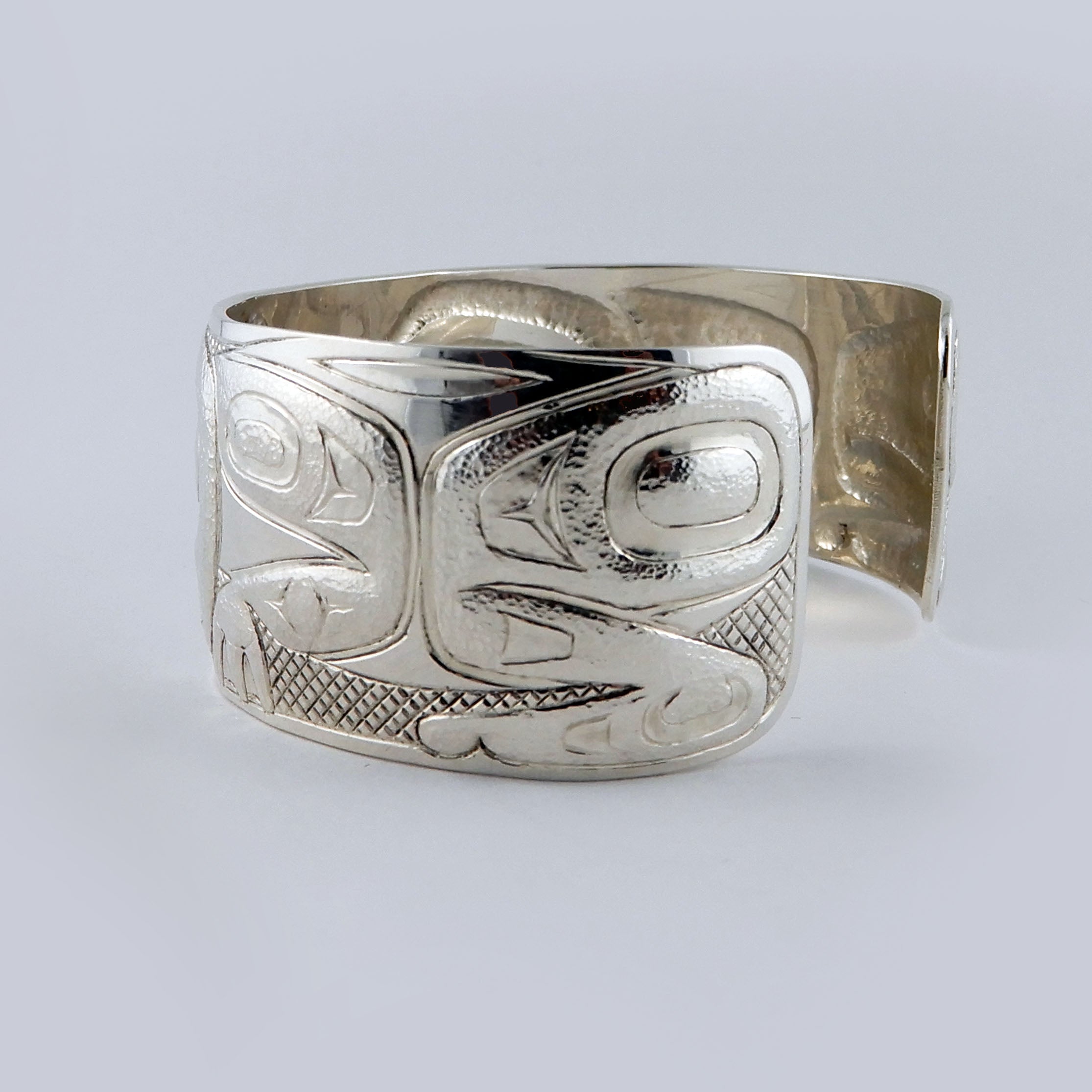 Silver Carved and Hammered Frog Bracelet by Haida artist Derek White