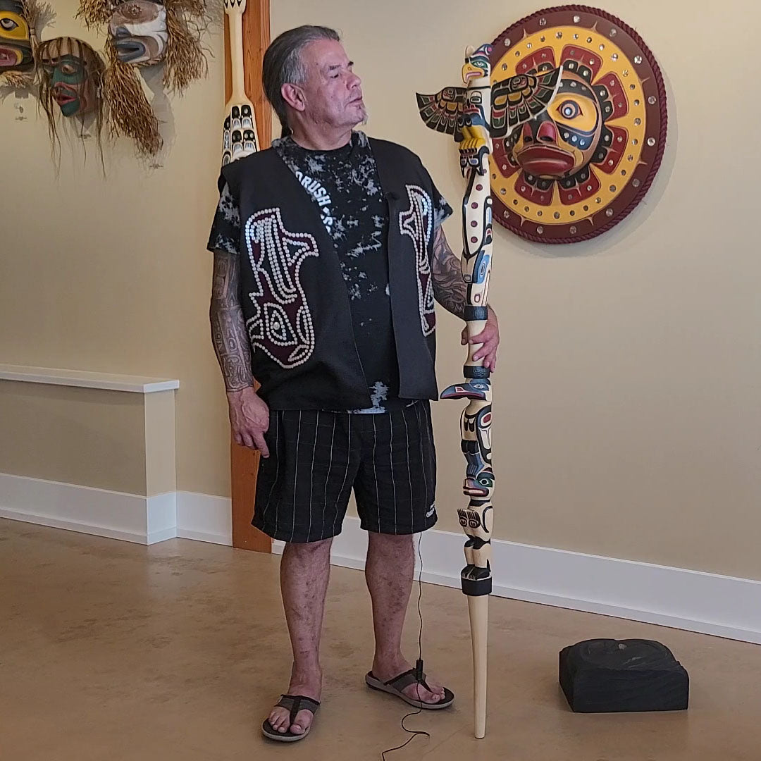 Kwakwaka'wakw carver Greg Henderson with Chief Talking Staff