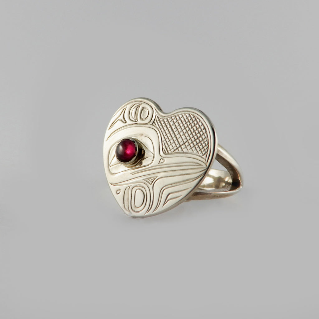 Silver and Garnet Heart-shaped Hummingbird Ring by Kwakwaka'wakw artist Chris Cook