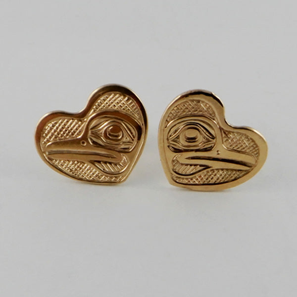 Gold Heart-shaped Hummingbird stud earrings by Kwakwaka'wakw artist Joe Wilson