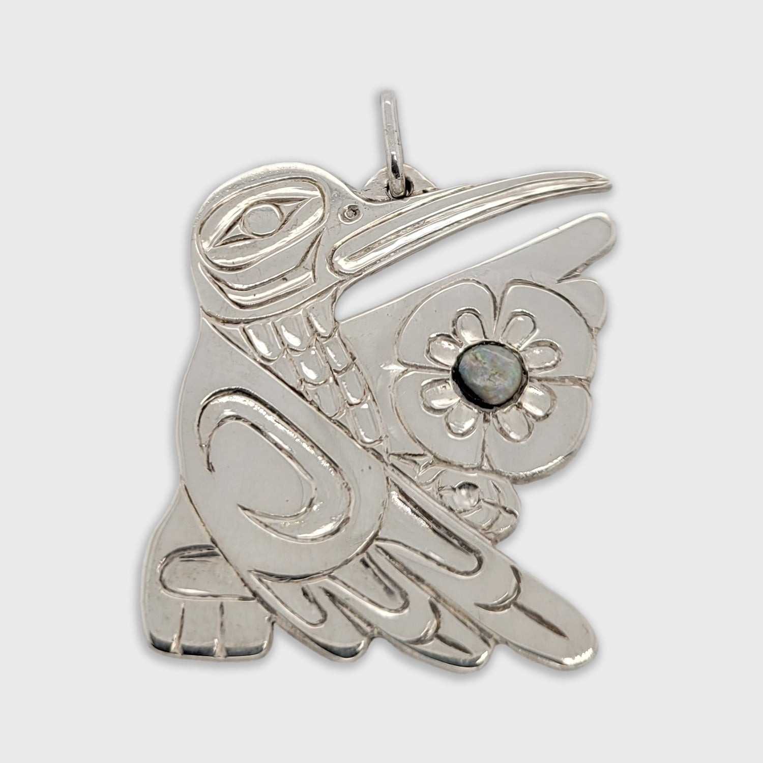 SIlver and Abalone Hummingbird Pendant by Haida artist Derek White