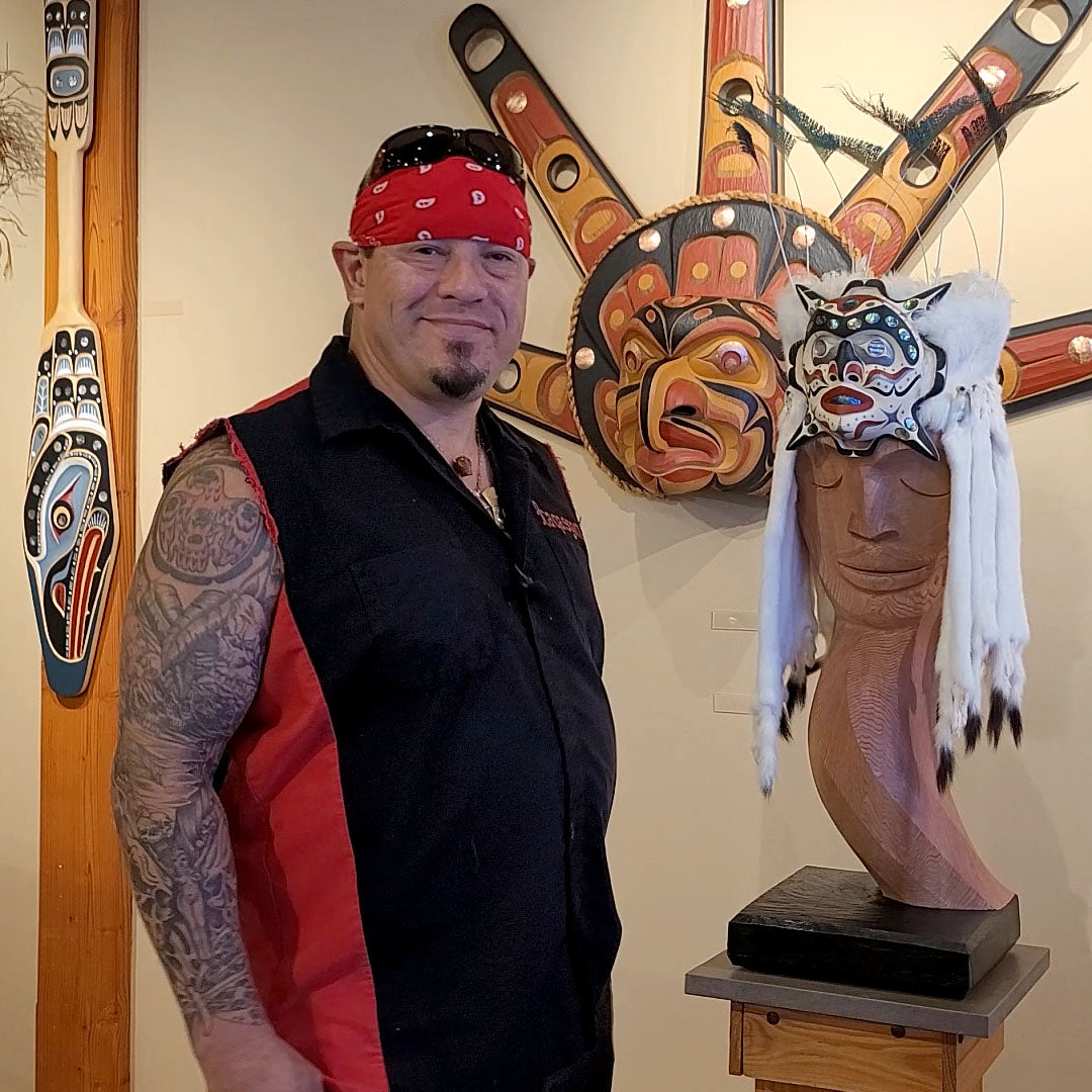 Kwakwakwa'wakw artist Junior Henderson with Carved Star Frontlet and Headdress