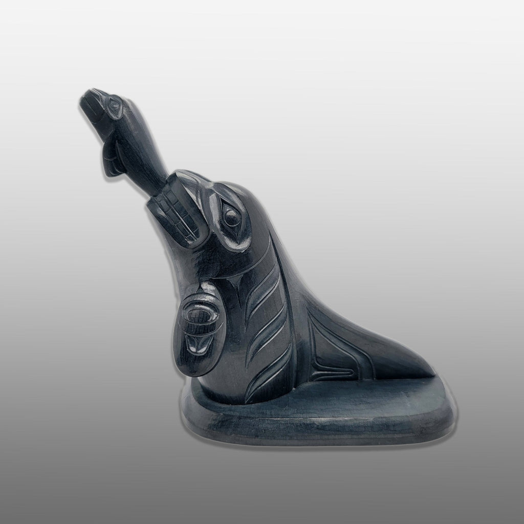 Argillite Orca and Seal Sculpture by Haida carver Marcel Russ