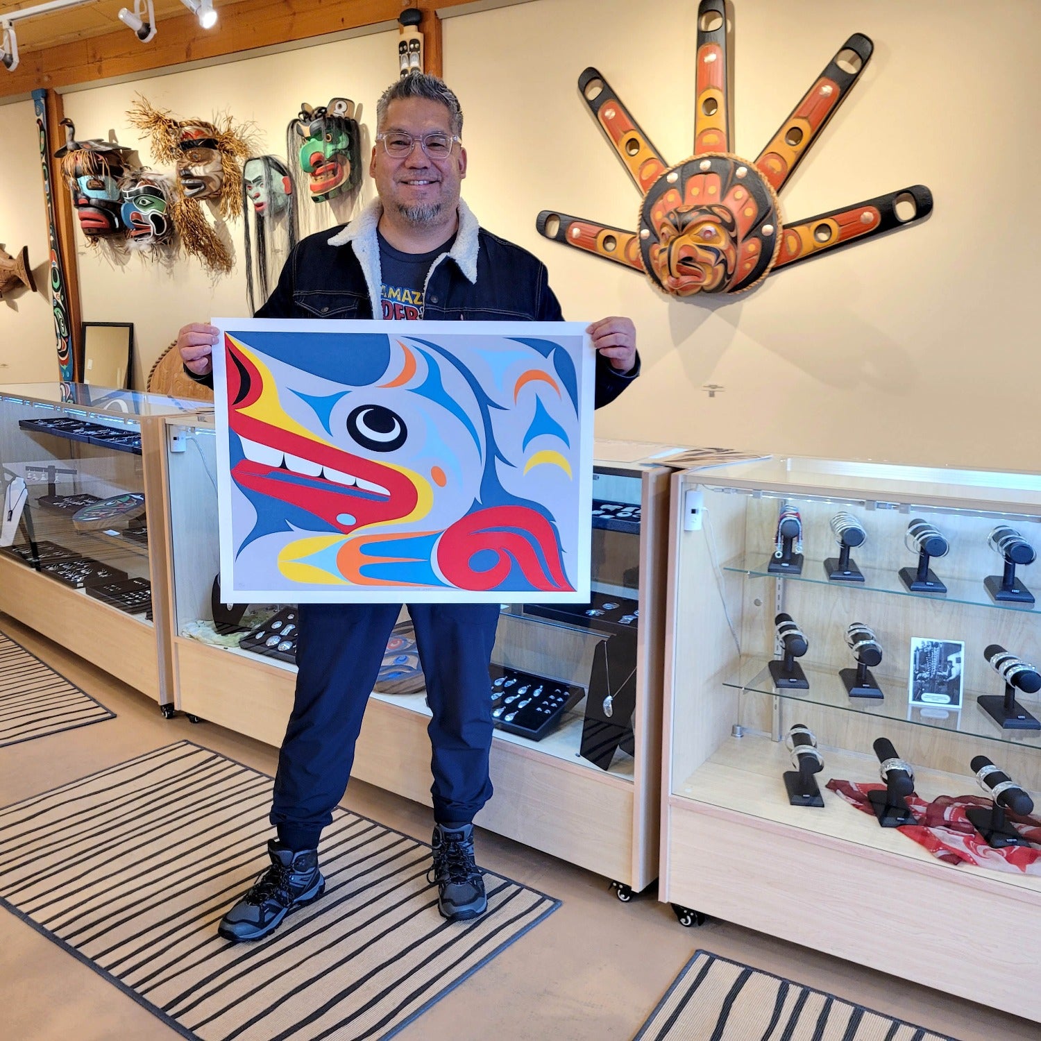 Coast Salish artist Maynard Johnny with Life Giver Limited Edition Wolf Print