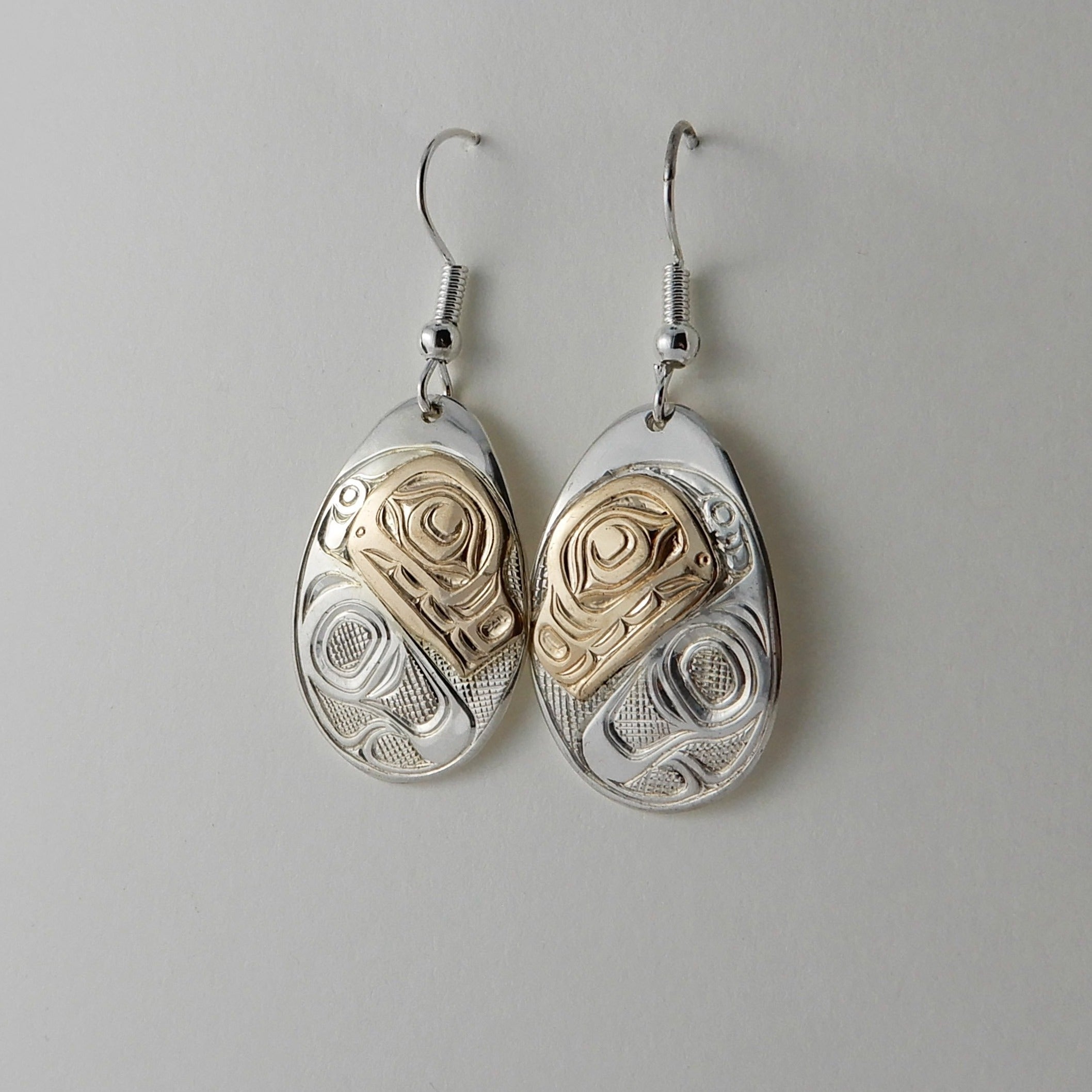 First Nations Silver and Gold Orca Earrings by Kwakwaka'wakw artist Joe Wilson