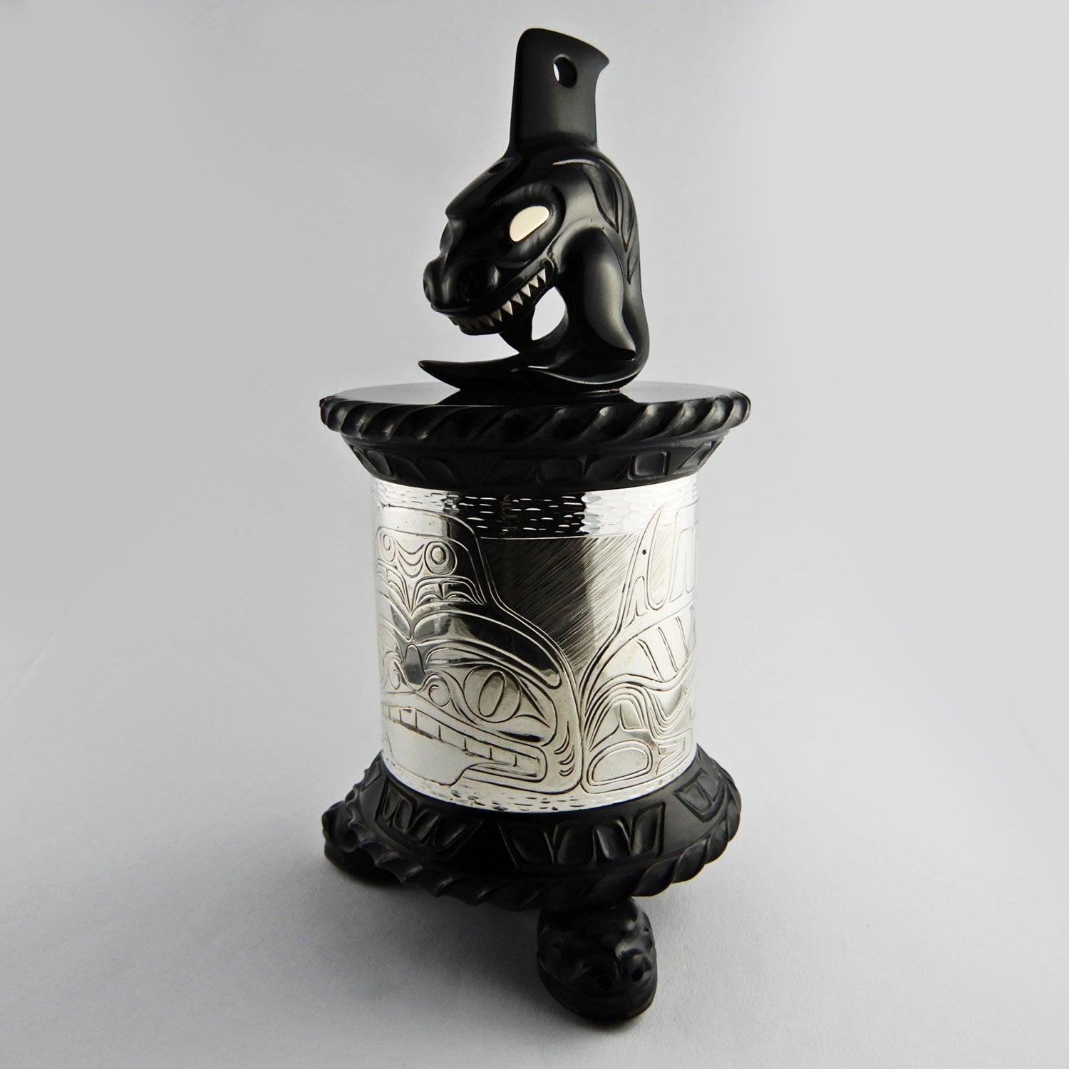 Argillite and Silver Orca and Shark Box by Haida carver Wayne Wilson