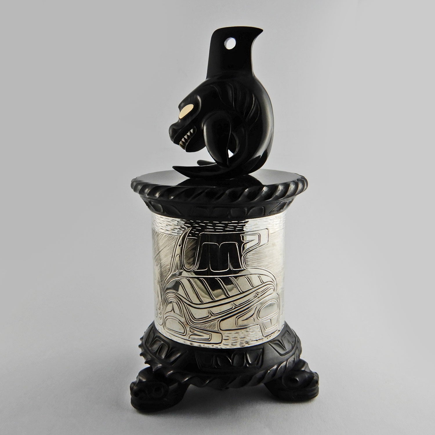 Argillite and Silver Orca and Shark Box by Haida carver Wayne Wilson