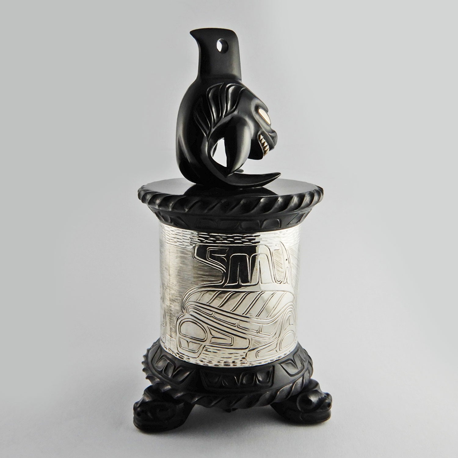 Argillite and Silver Orca and Shark Box by Haida carver Wayne Wilson