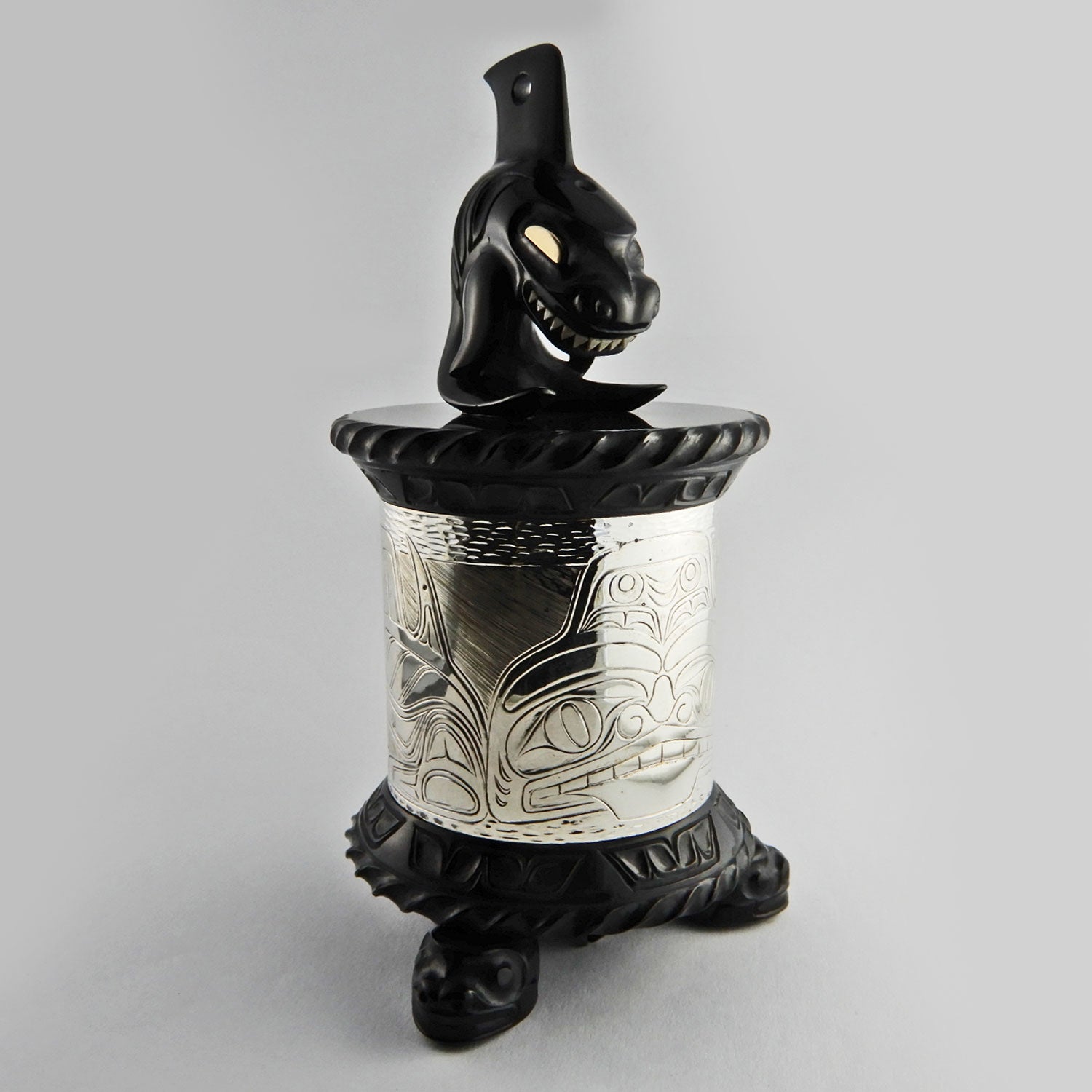 Argillite and Silver Orca and Shark Box by Haida carver Wayne Wilson