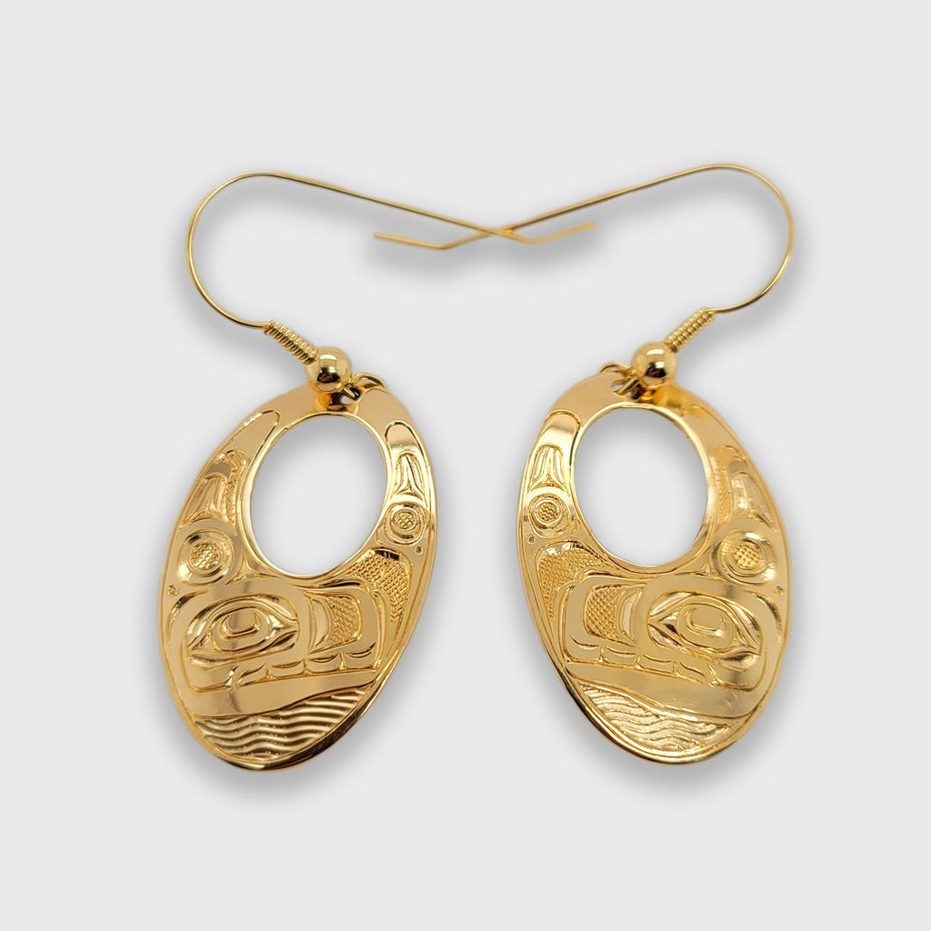 Gold Oval Orca Earrings by Kwakwaka'wakw artist Joe Wilson