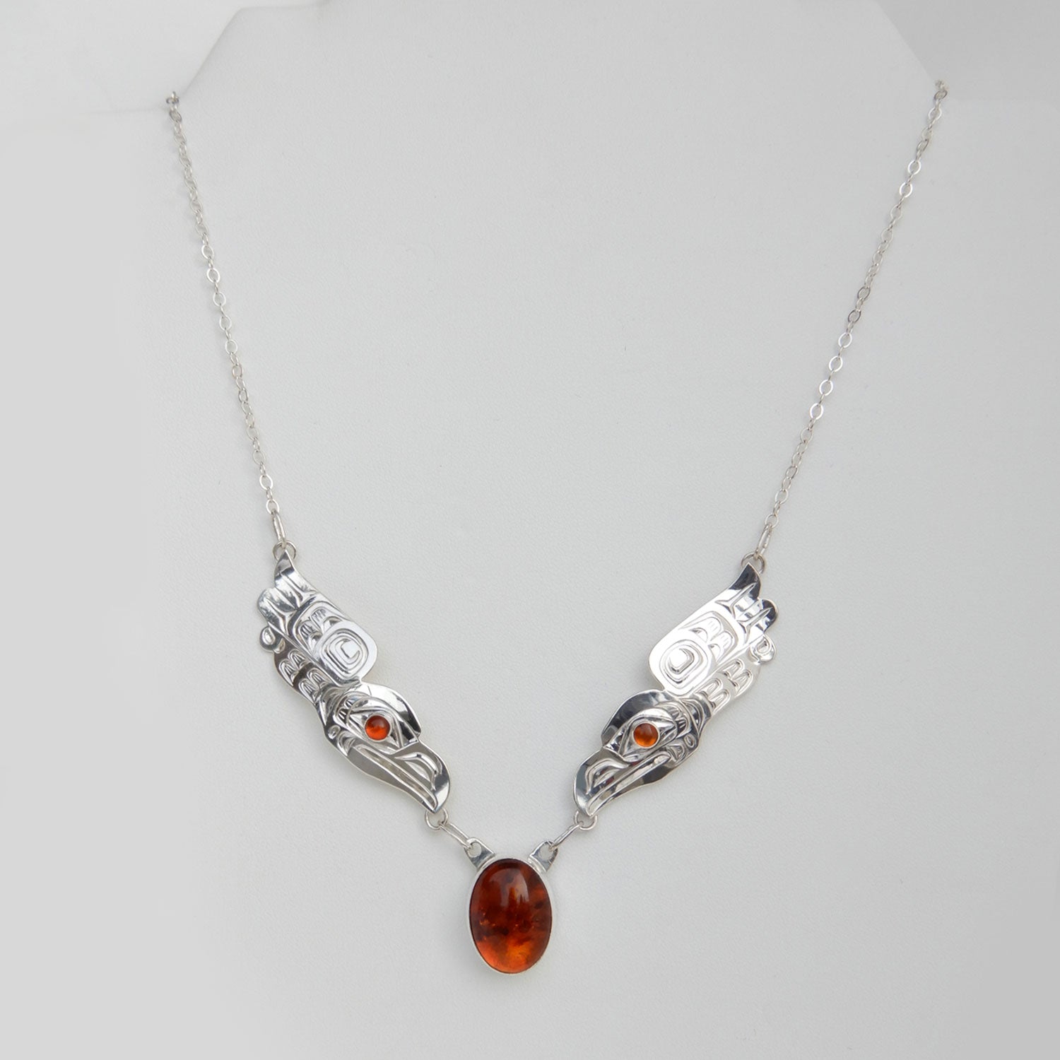 First Nations Silver and Amber Raven Song Necklace by Kwakwaka'wakw artist Chris Cook