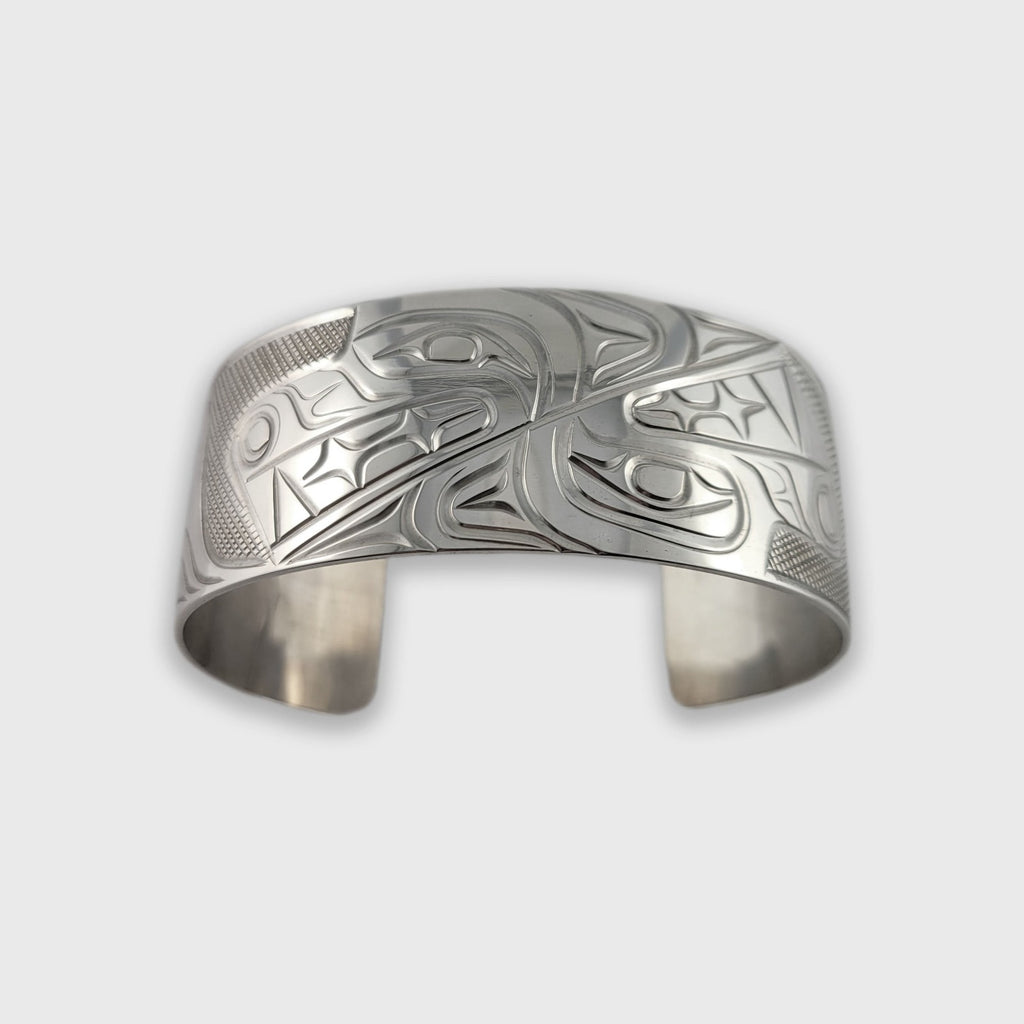 First Nations Silver Wolf Bracelet by Kwakwaka'wakw artist Rick Johnson