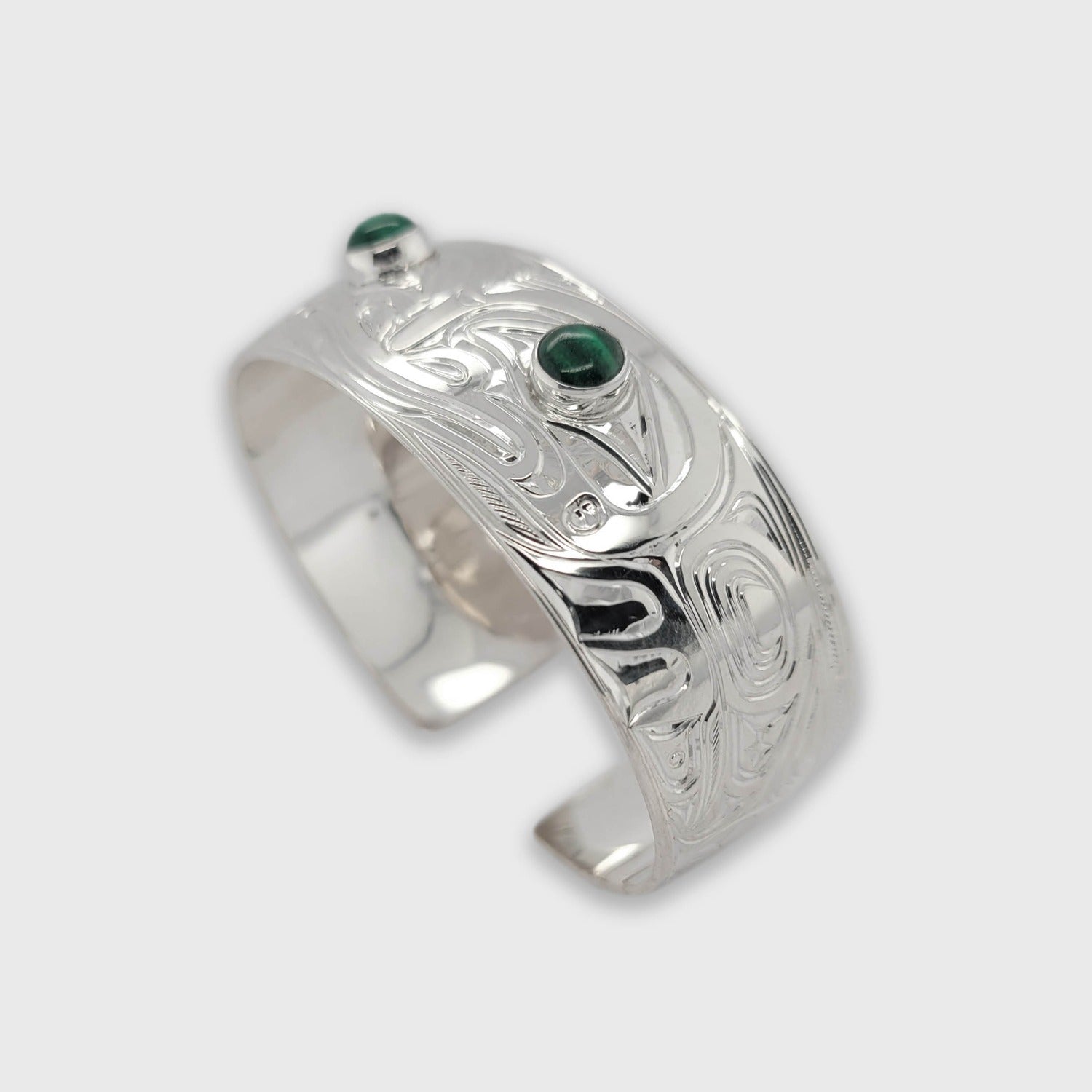 Silver and Malachite Frog Bracelet by Kwakwaka'wakw atist Chris Cook