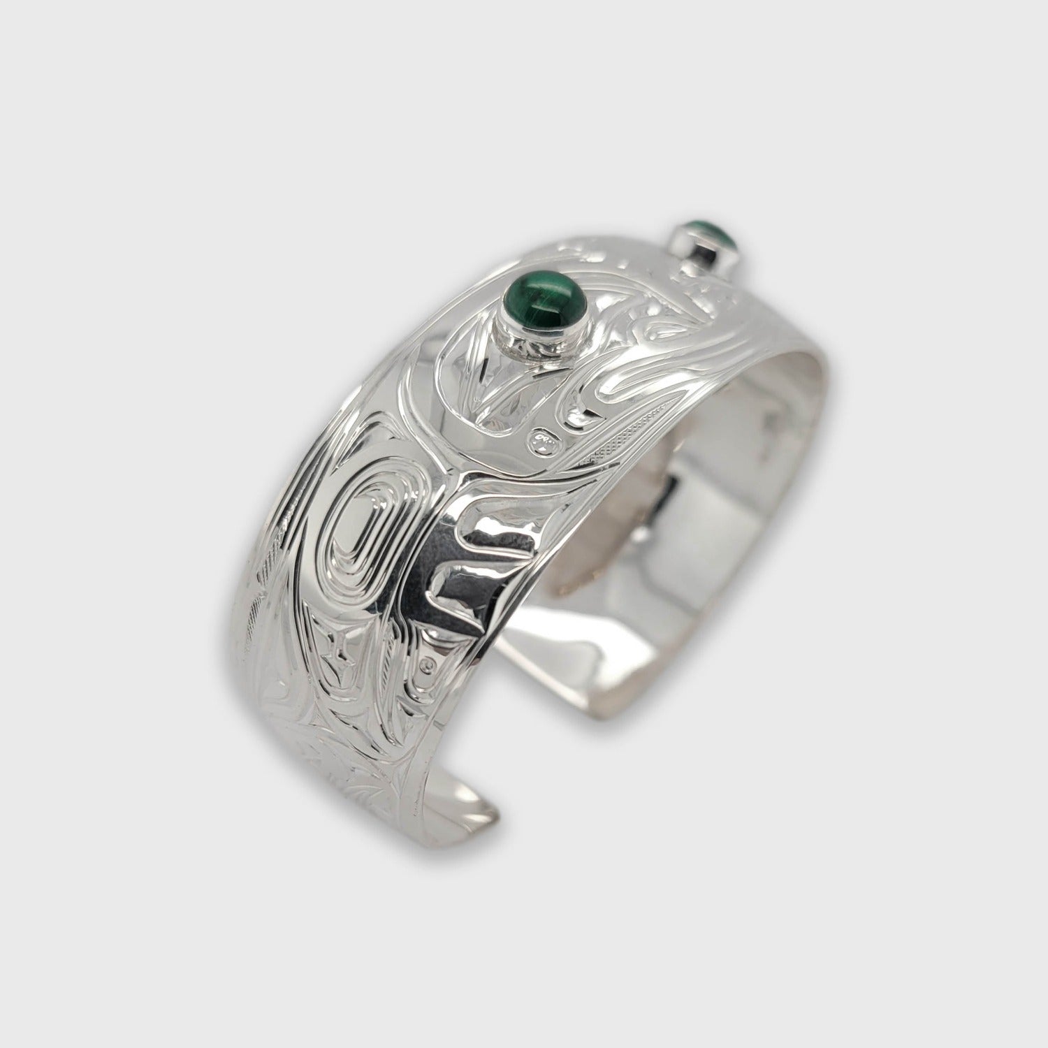 Silver and Malachite Frog Bracelet by Kwakwaka'wakw atist Chris Cook