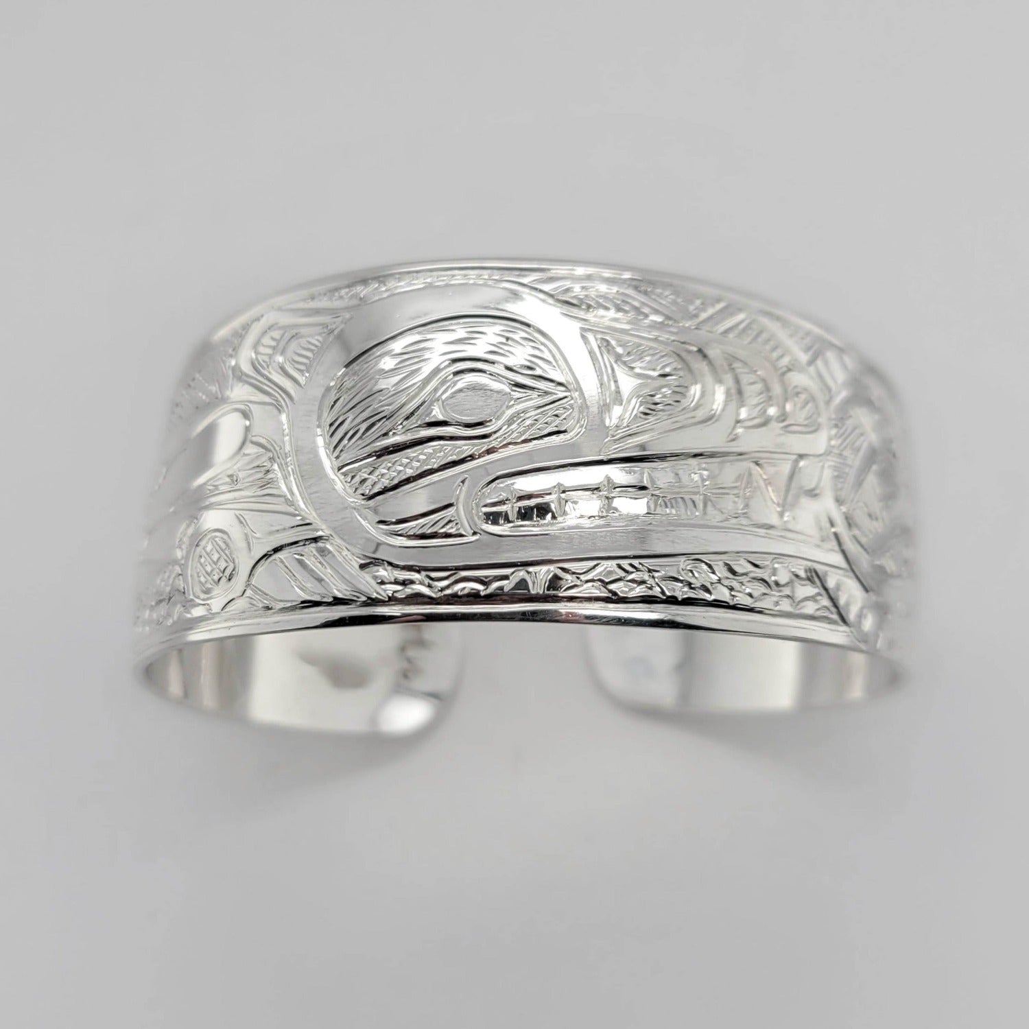 Native Silver Wolf and Moon Bracelet by Tsimshian artist Bill Helin
