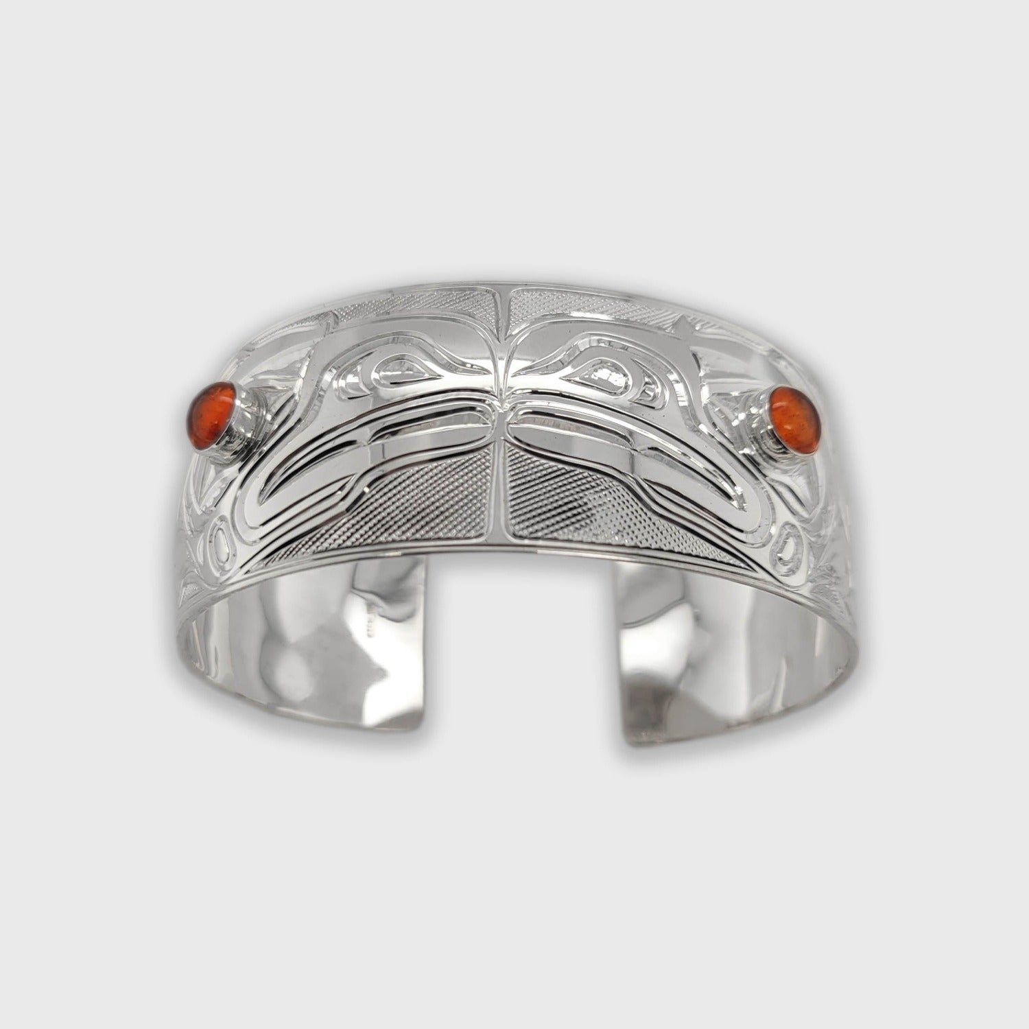 Silver with Amber Double ravens Bracelet by Kwakwaka'wakw artist Chris Cook