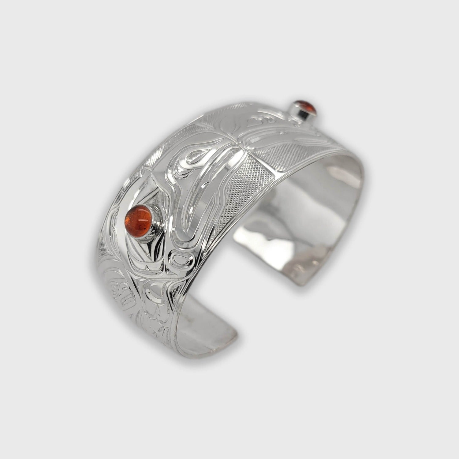 Silver with Amber Double ravens Bracelet by Kwakwaka'wakw artist Chris Cook