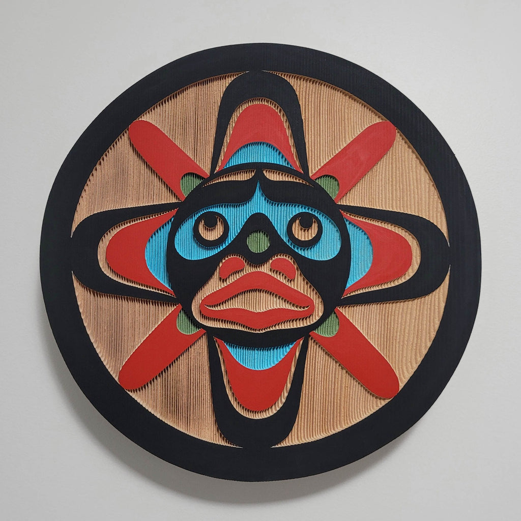 First Nations Sandblasted Cedar Panel with Sun Design by Kwakiutl artist Trevor Hunt